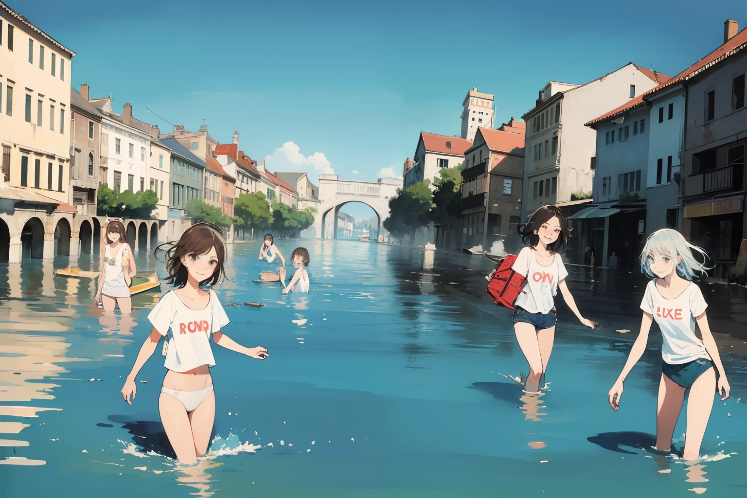 (masterpiece, best quality), (ruined city), multiple girls, (closeup), 18yo teen, slim, small breast, smile, tired, wading in water, white t-shirt, white panties, goggles on head, (backpacks), blue sky, bright sunlight, (flood:1.2), street under water, city ruins, watercolor