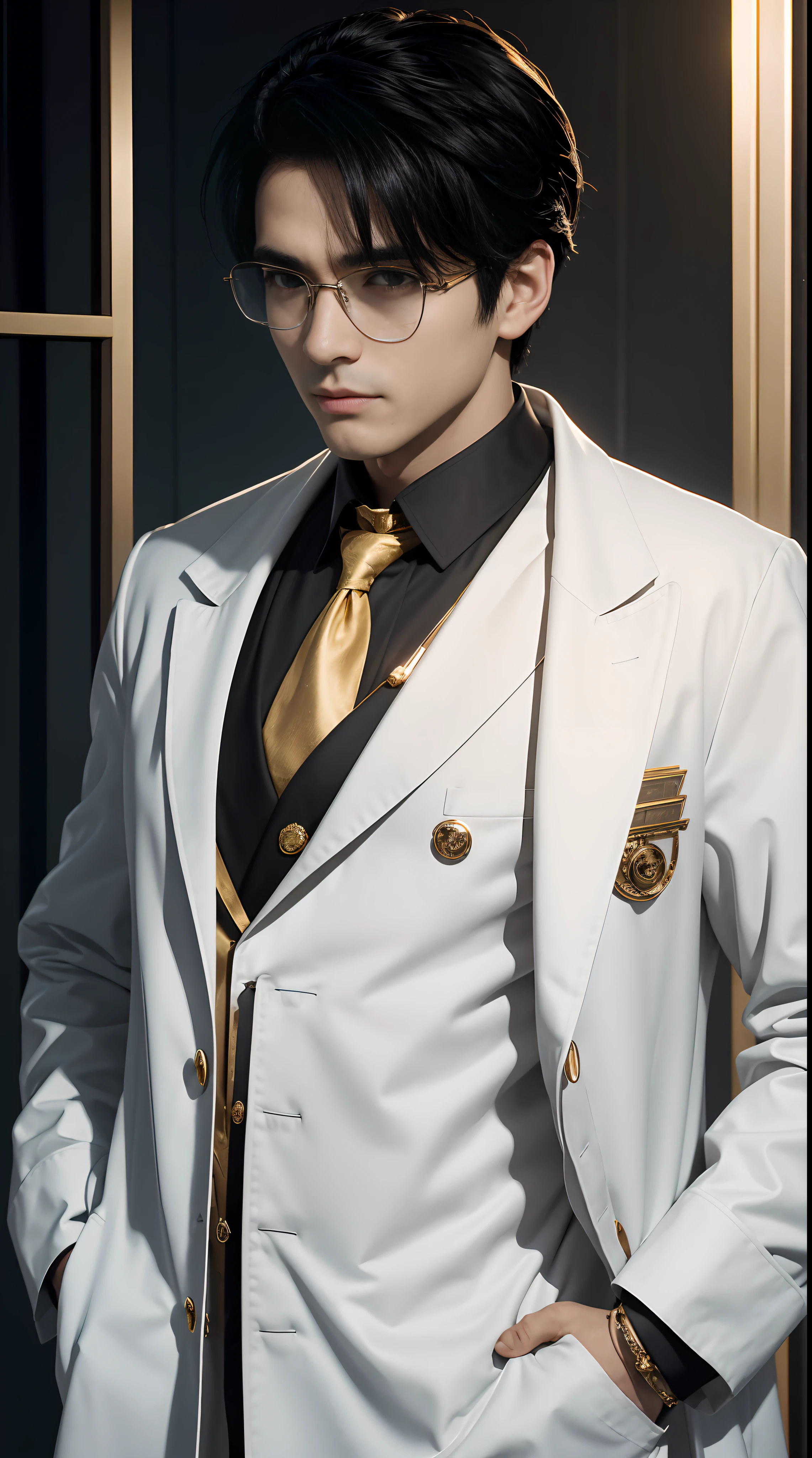 a scientist man with black hair wearing a white coat with gold details