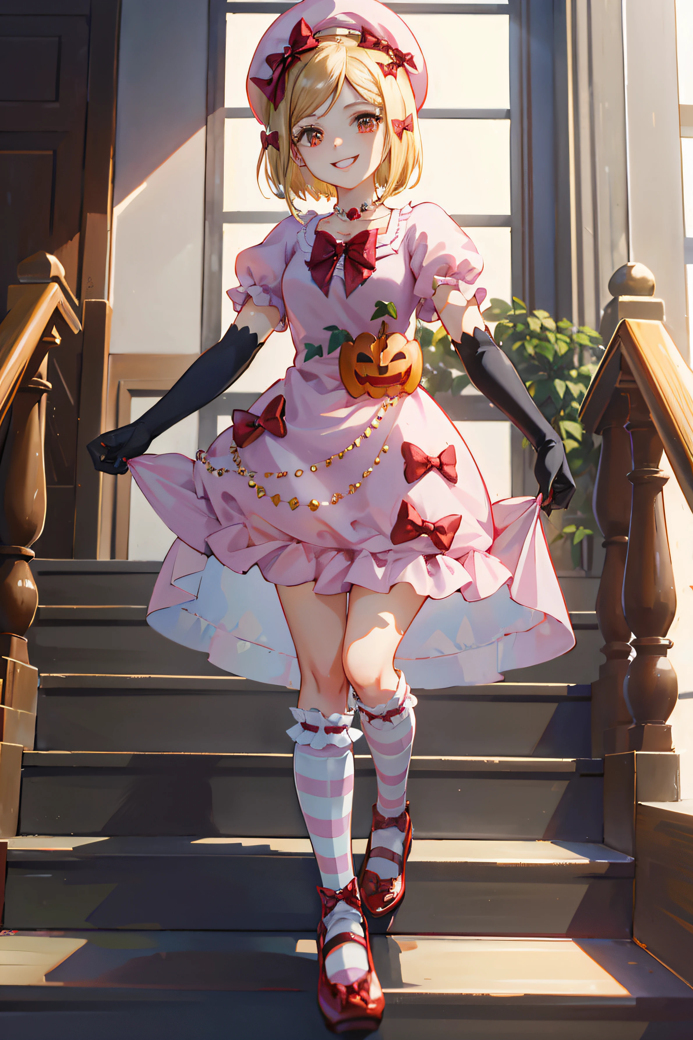 (masterpiece),(best quality), lambdadelta, dress, shoes bow, red shoes, striped stockings, red bow, pink hat, pumpkin brooch, necklace, gloves, pearl, walking, smile, stairs, temple, mountain, forest, looking at the viewer,