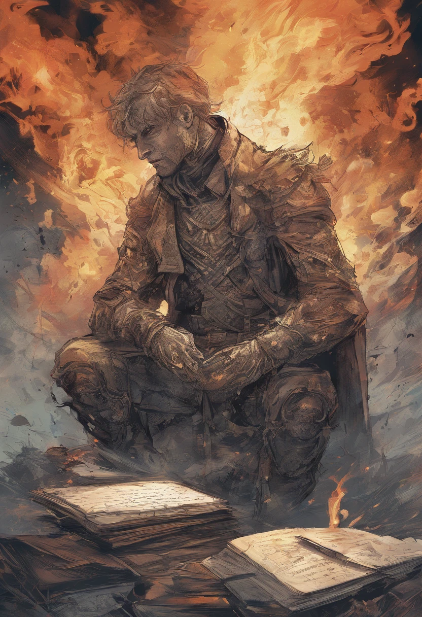 "homem sentado em uma cadeira, Writing on the notebook sheet that's on fire, Cercado por chamas intensas, olhos branco brilhantes, cores vibrantes, olhos expressivos, artistic rendering, smoky atmosphere, dramatic composition, Frontal angles, high-resolution, retrato, contraste, tons de cores quentes, brasas brilhantes energia intensa"
