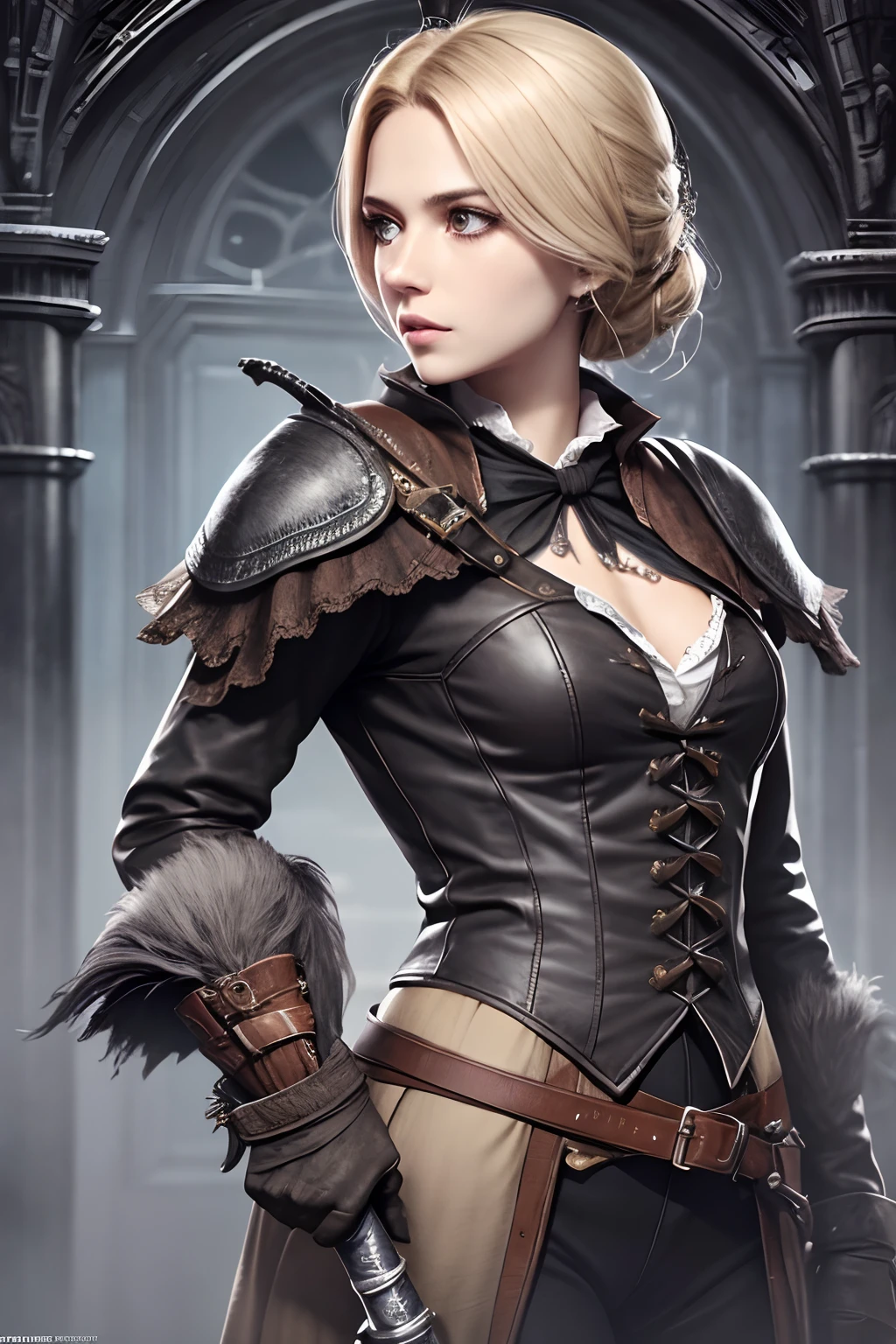 a realistic full body beautifull blonde hair woman bloodborne character, holding a bloodborne weapon, bloodborne dark clothes, very detailed, high detailed face, detailed eyes, high detailed eyes, 8k, stuning, impressive, glorious, breathtaking, realistic