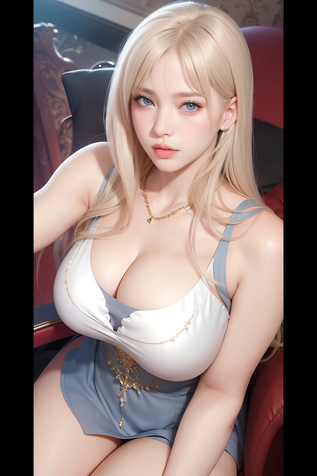 Beautiful big breasts, (bokeh), indoors, detailed luxury living room, gentle and charming beautiful goddess, Korean(kpop-idol), solo, smooth skin, necklace, (grey hair, blue eyes), oval face, double eyelids, smart, good hands, good feet, Natural, (from below angle), (glossy skin:1.05), ((low angle)), Perfect figure, (64k, UHD, RAW photo, best quality, masterpiece:1.4), (realistic, photo-realistic:1.37), ultra high res, photon mapping, radiosity, physically-based rendering, professional soft lighting