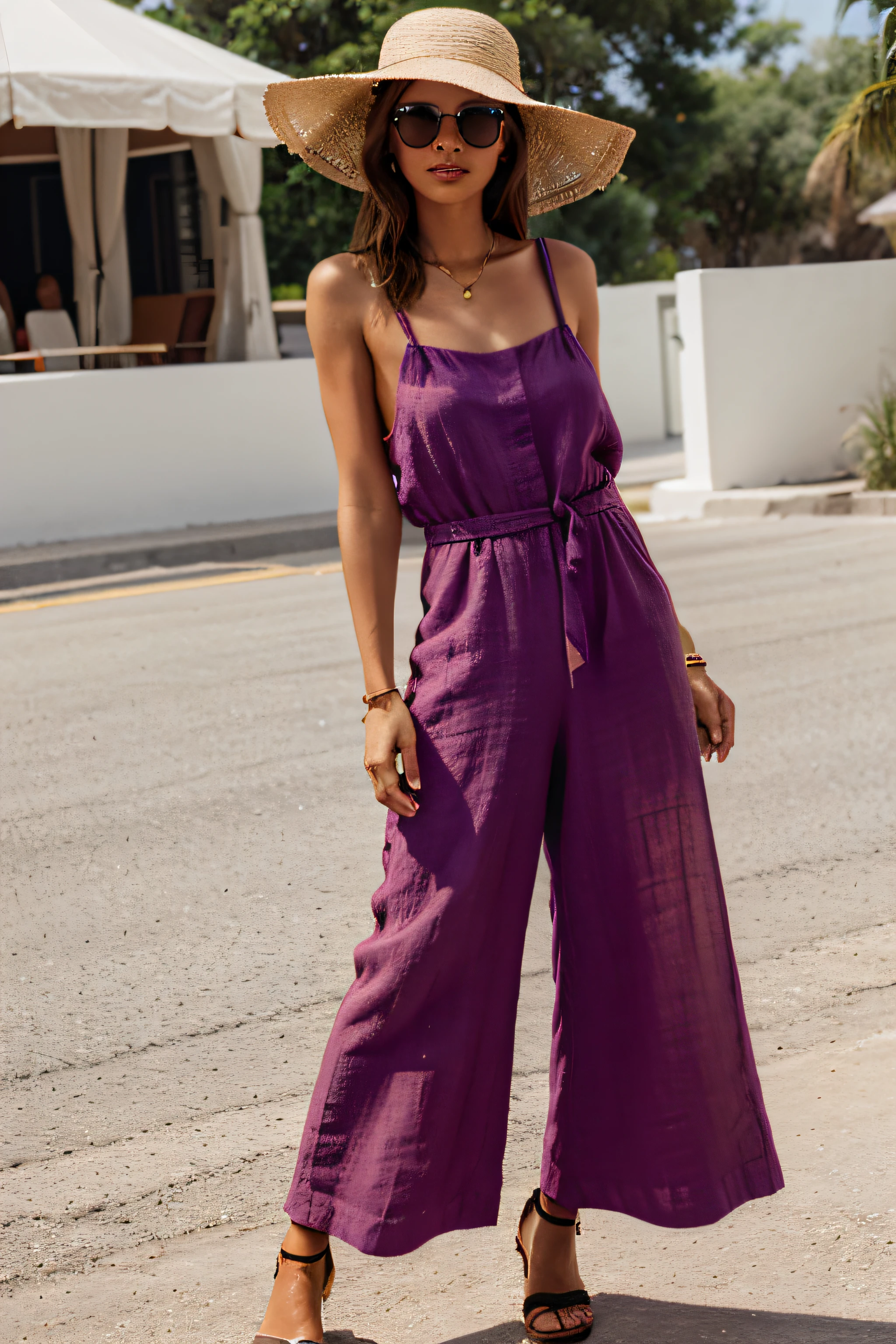 Chic linen jumpsuit in a bold hue, accessorized with a wide-brimmed sun hat, oversized sunglasses, and flat strappy sandals.