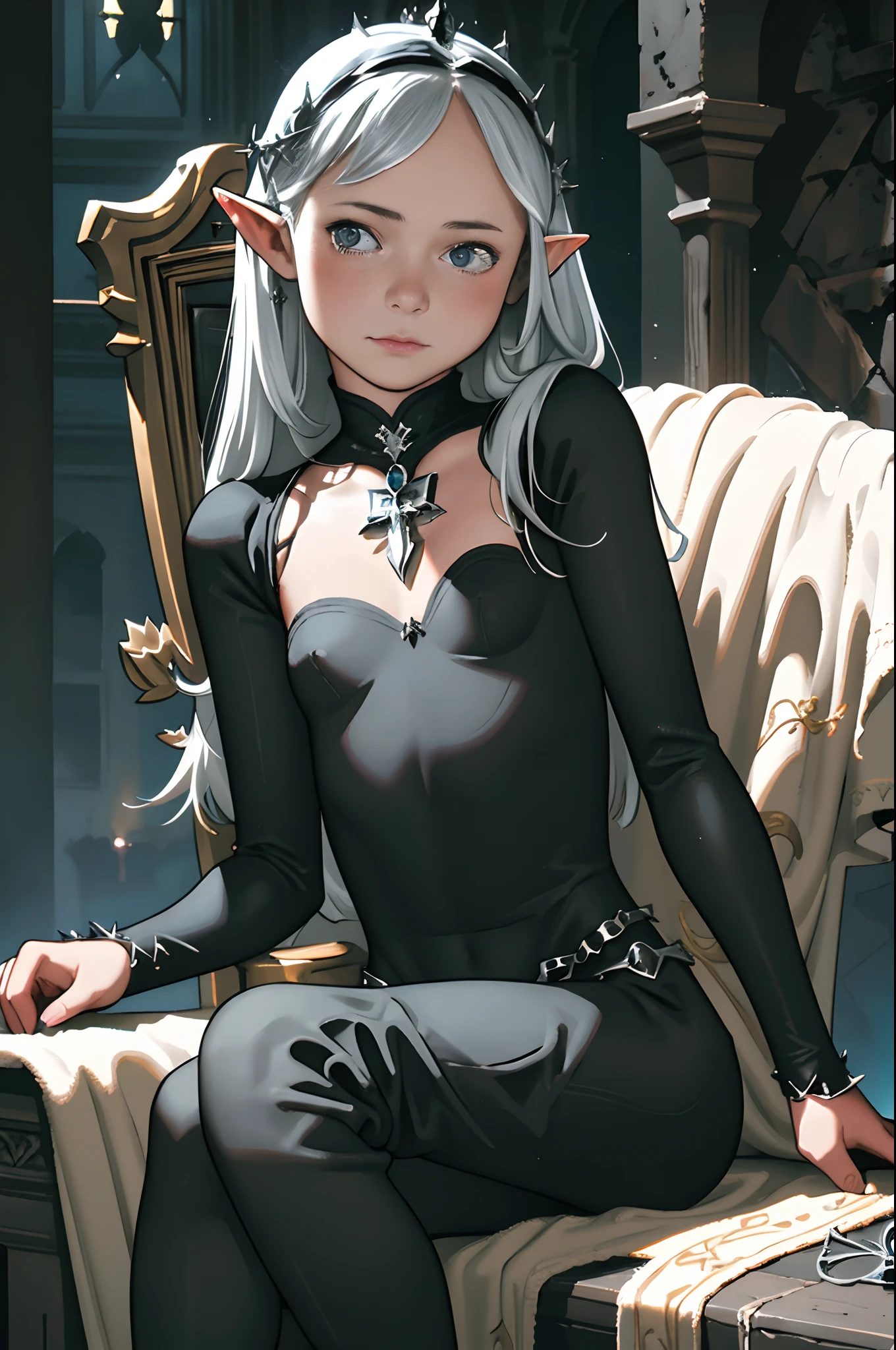 (best quality, masterpiece, full body), 1 girl, elf, elven girl, white eyes, looking at viewer, sitting on gothic throne silver details, dark atmosphere, gothic, black gymnastics leotard, bodysuit gothic girl, large and smooth medieval throne , dark gothic medieval setting, medieval castle, armor on shoulders, cute face, small body, small breasts, crown of thorns, sitting front, girl from the front legs open