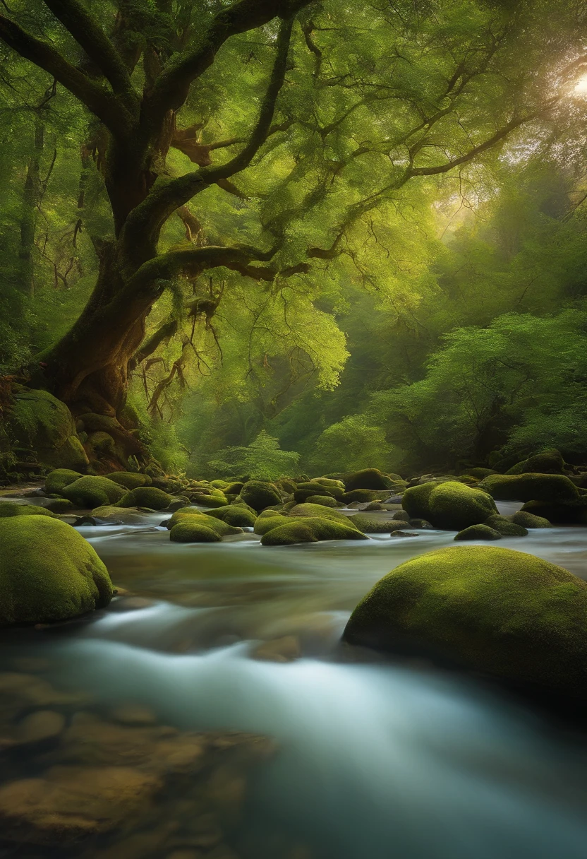 Paradise with ancient trees, river stones with mosses