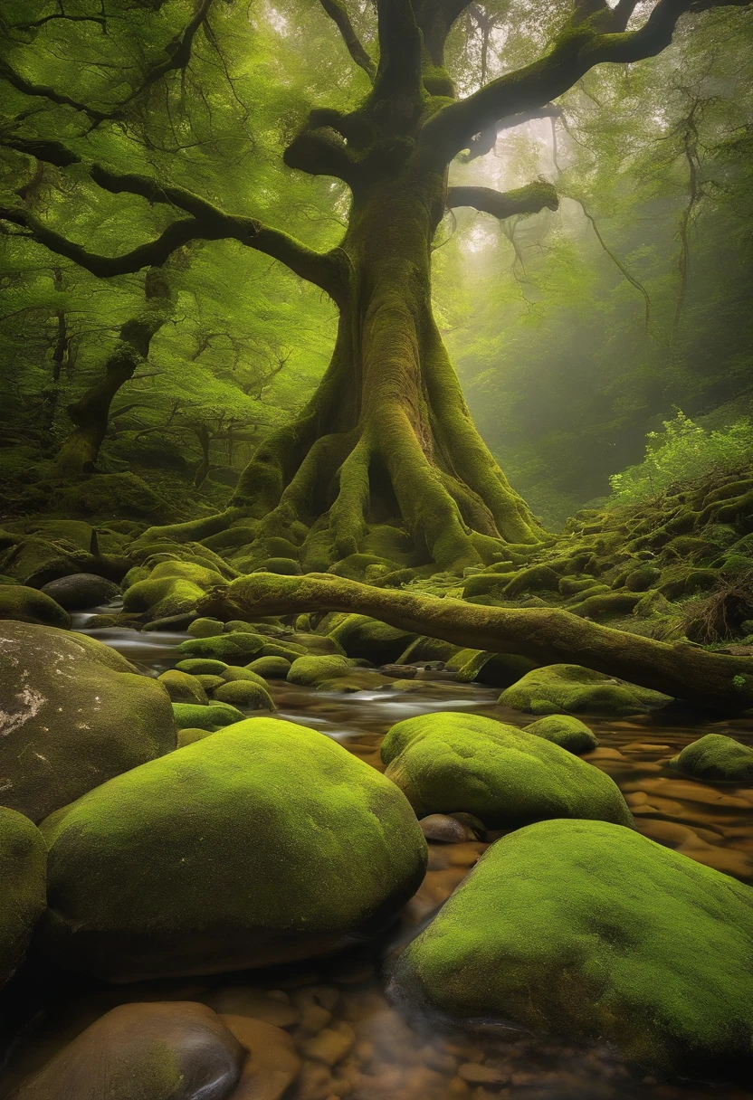 Paradise with ancient trees, river stones with mosses