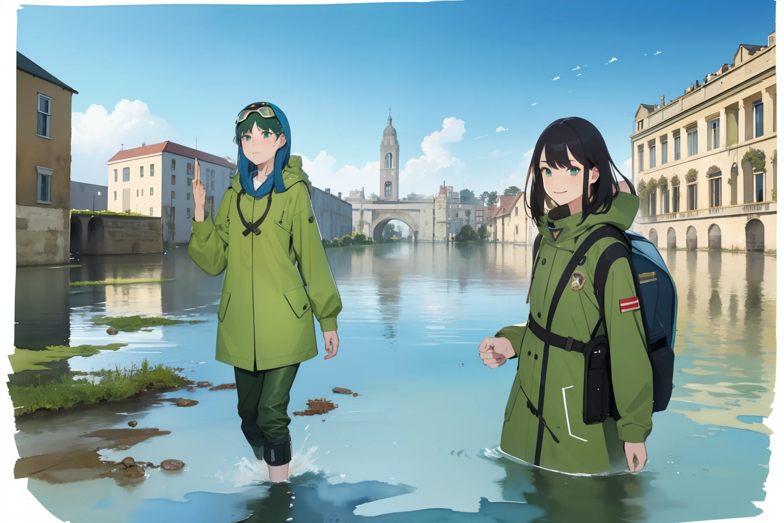 masterpiece, best quality, girls, (closeup), 18yo teen, slim, small breast, smile, tired, wading in water, green raincoat, (white panties), goggles on head, (backpacks), military pants, blue sky, bright sunlight, (flood), city ruins, watercolor