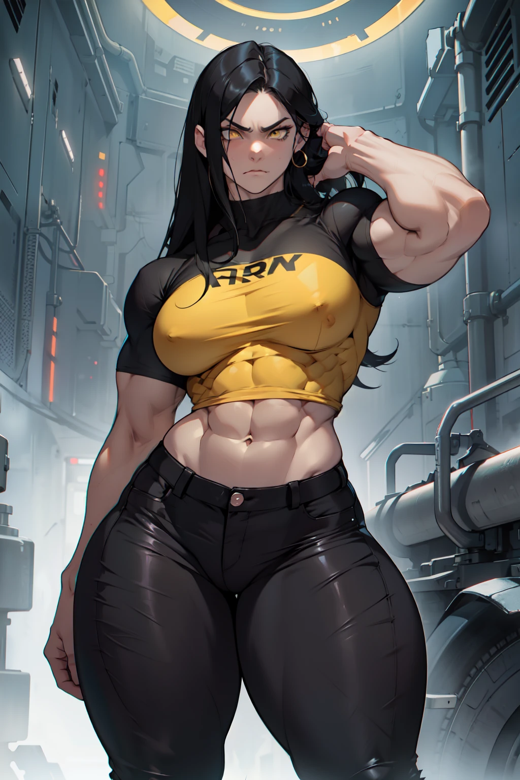 1 girl pale skin black hair yellow eyes long hair angry ((muscular toned body bodybuilder curvy wide hips thick thighs dark atmosphere tight shirt tight pants))