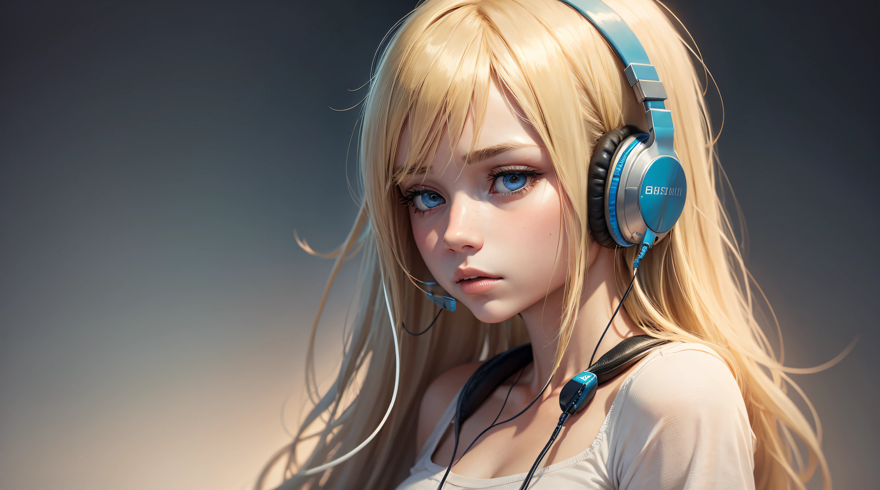 Sad blonde girl listening to music on her phone wearing headphone