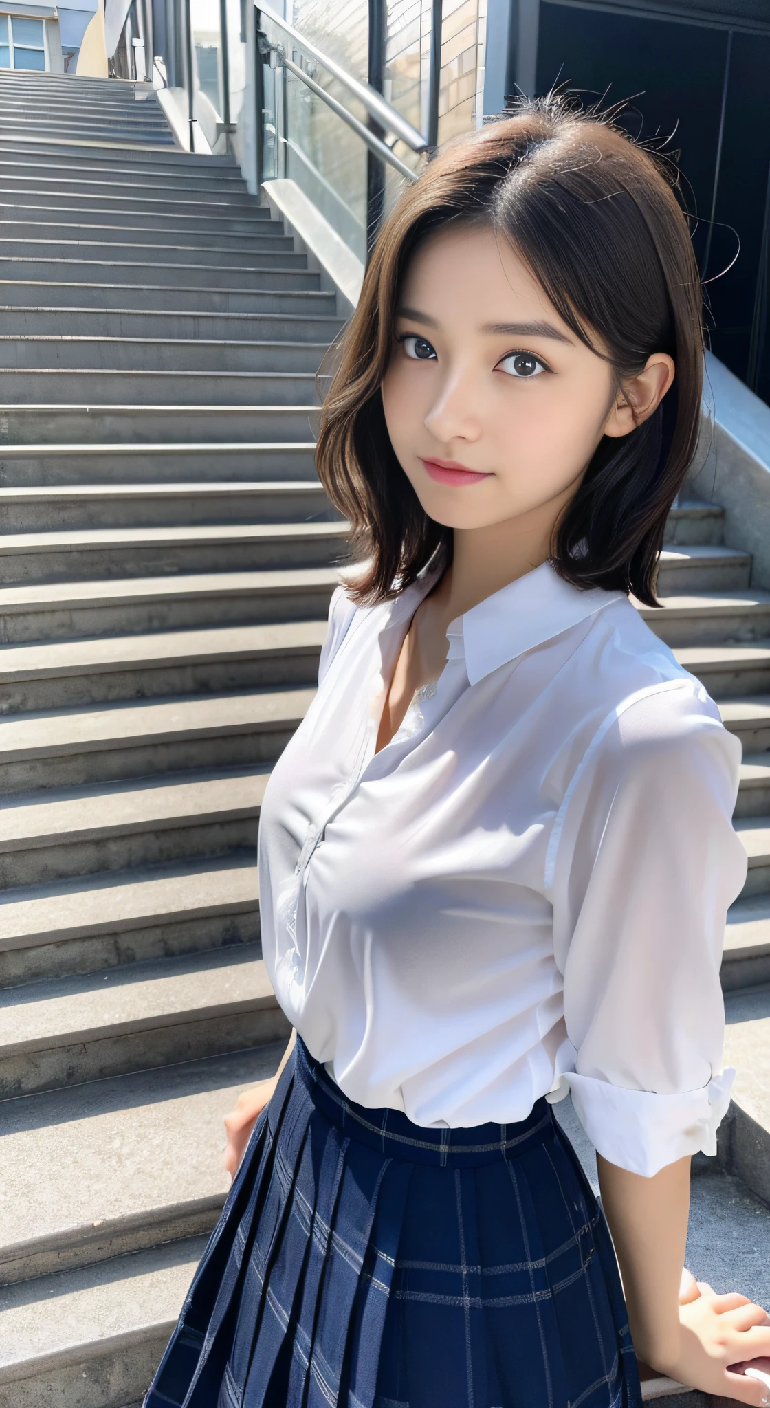 （32ｋ,high detal,high-detail、​masterpiece,Attention to detail,full body Esbian,独奏：1.6）,Raw photo & realistic atmosphere,beautiful dark blue eyes,Detailed mouth,Glossy lips,Detailed eyebrows,Soft white skin that shines with every detail,Eyes drawn in detail、azure eyes,Very beautiful eyes,Detailed lips、Very beautiful face,Very well-formed face、Lifelike face,shiny beautiful lips, Realistic Young Gravure Idol, very beautiful school girl, ,Moderately beautiful, Young Sensual Gravure Idol, Young Gravure Idol, Beautiful, Cute and sexy１6 year old schoolgirl,Wet,with a flushed face,Incredibly beautiful１Girls aged 6,short-cut,Curly hair,Brown shiny hair,（Climb the stairs of the station,Climb the stairs with, You can see your panties on camera,Beautiful 16 year old schoolgirl,Lace red panties visible:1.7）,（Loosely dressed black schoolgirl uniform：1.6）,（Sexy body,well-shaped breasts, I'm anxious and about to cry,Moist eyes：1.5）,（Pay attention to the buttocks and thighs on the back,Close up from below,Climbing stairs with your camera,taken from the under,Holding the skirt with your hands,Visible.,Climb the stairs with an eye on the future：1.8）