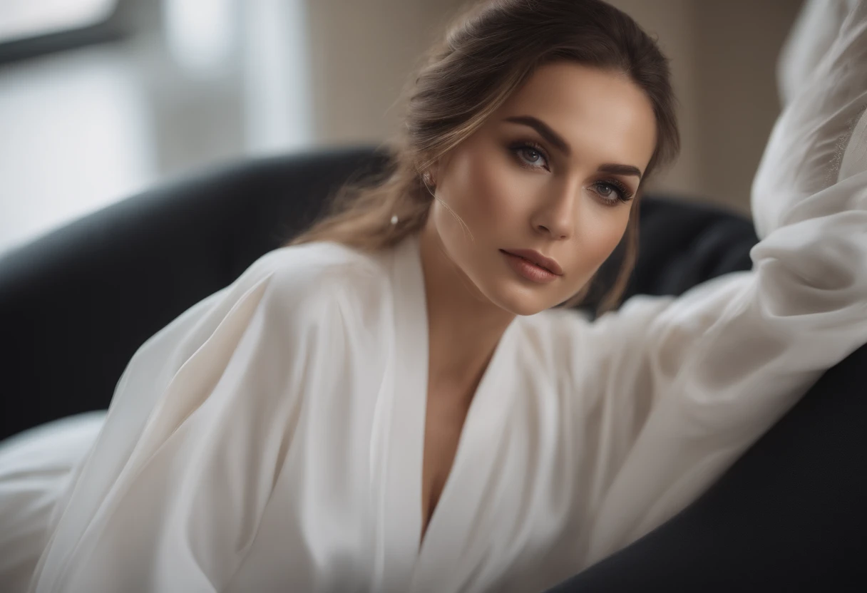 Best quality, ((Extremely delicate and beautiful)), Raw photo, Solo Female, Sexy cute, Best, Head of the worship service, Ultra detailed, Highlight lighting, High resolution, Color々Color, (Thick white robe, open)) on the shoulders, Delicate (wearing a string, comfortable and sexy, cuddling), Curved cleavage, A beautiful girl (very detailed skin:1.2), Beautiful thighs, Thursday, Sensual romantic, Looking at the camera, (Blushing_ embarrassed, Aroused), Beauty, A blonde, Digital SLR, Soft lighting, High quality, FujifilmXT3, Movie lighting, Dramatic, Taken in a high-end therapist's office in the background, Sitting with a photographer client, Golden wavy hair in a messy ponytail, Ribbon, Sparkling all over her body, A slight smile, Sensual hips, American, Girl from the southern United States, Sexy and dramatic, Going to our timed session, Date, Quickie, Bewitched, Flirting with me, Looking at the whole body, Comfortable love game, (Casual intimate photo session)