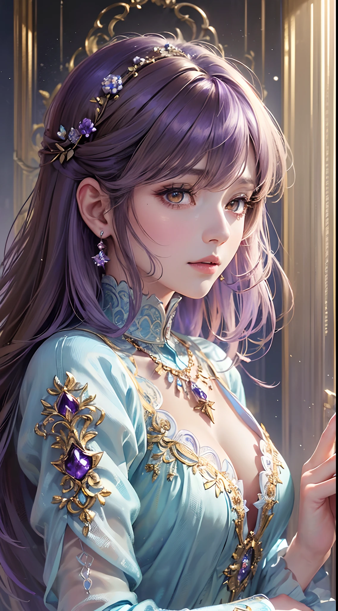 ((Finest quality)),(超A high resolution),(ultra-detailliert),((Best Anime)),sharpnes,Vivid:1.1,The art of astounding depiction,Fantasyart,Fantastic background, (1 adult female:1.5),Clean face,(Beautiful pale brown eyes with detailed and detailed:1.5),(Lustrous violet hair:1.5),(Beautiful light blue dress with dense and detailed details:1.3)Look in here:1.5,Detailed and beautiful embroidery,Luxurious ornaments