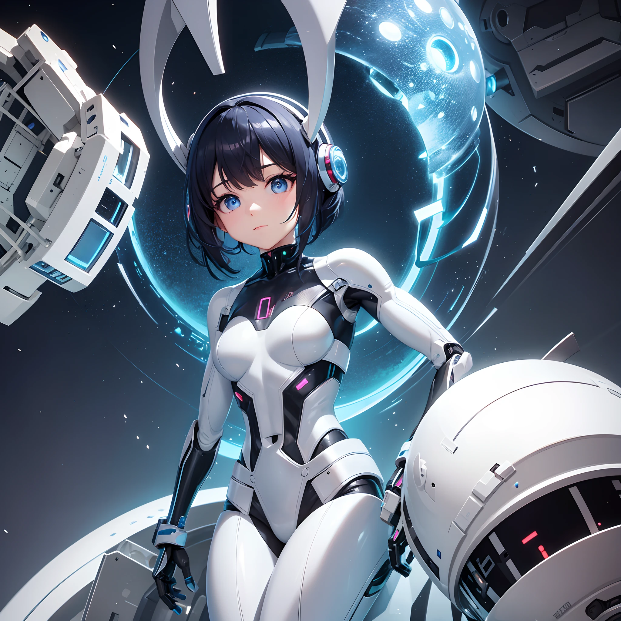A small robot,it's floating,Her head has holographic eyes, next to him, Is a beautiful mechanical bodybuilder girl, fixing a multi-wired Android.