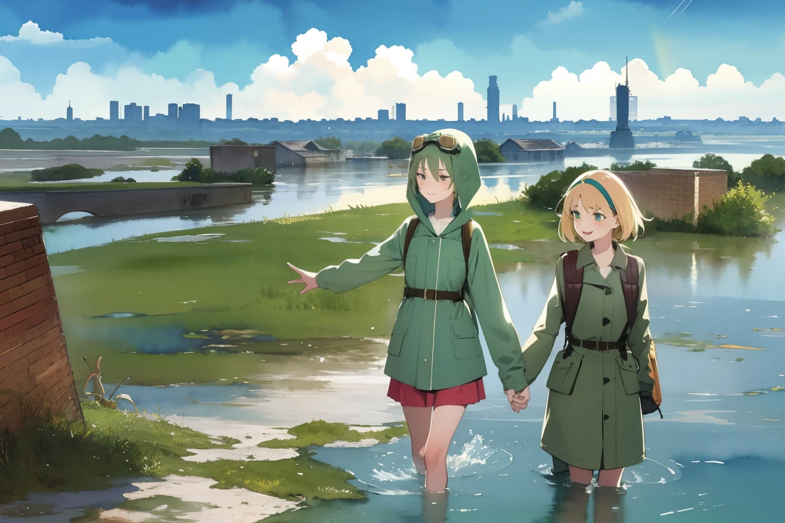 masterpiece, best quality, multiple girls, (closeup), 18yo teen, slim, small breast, smile, tired, walking in water, green raincoat, goggles on head, (backpacks), military pants, blue sky, bright sunlight, (flood), city ruins, watercolor