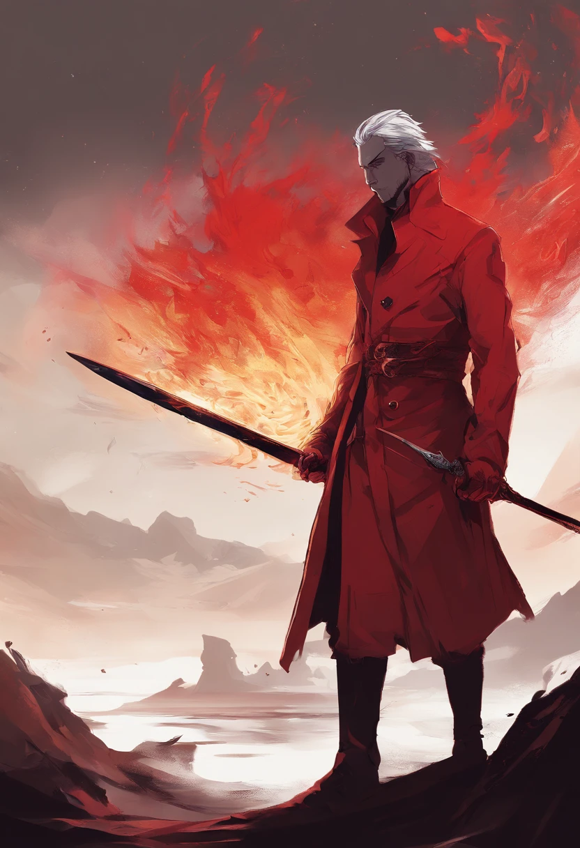 Anime - Style painting of a man in a red coat with a sword in his hand, Piromancer, Pintura abstrata do homem em chamas, O Homem de Areia da Graphic Novel, Alucard, Directed by: Tyler Jacobson, mistborn, mago de fogo, foto do perfil, badass anime 8 k, Retrato de um feiticeiro vermelho, a sorcerer casting a fireball