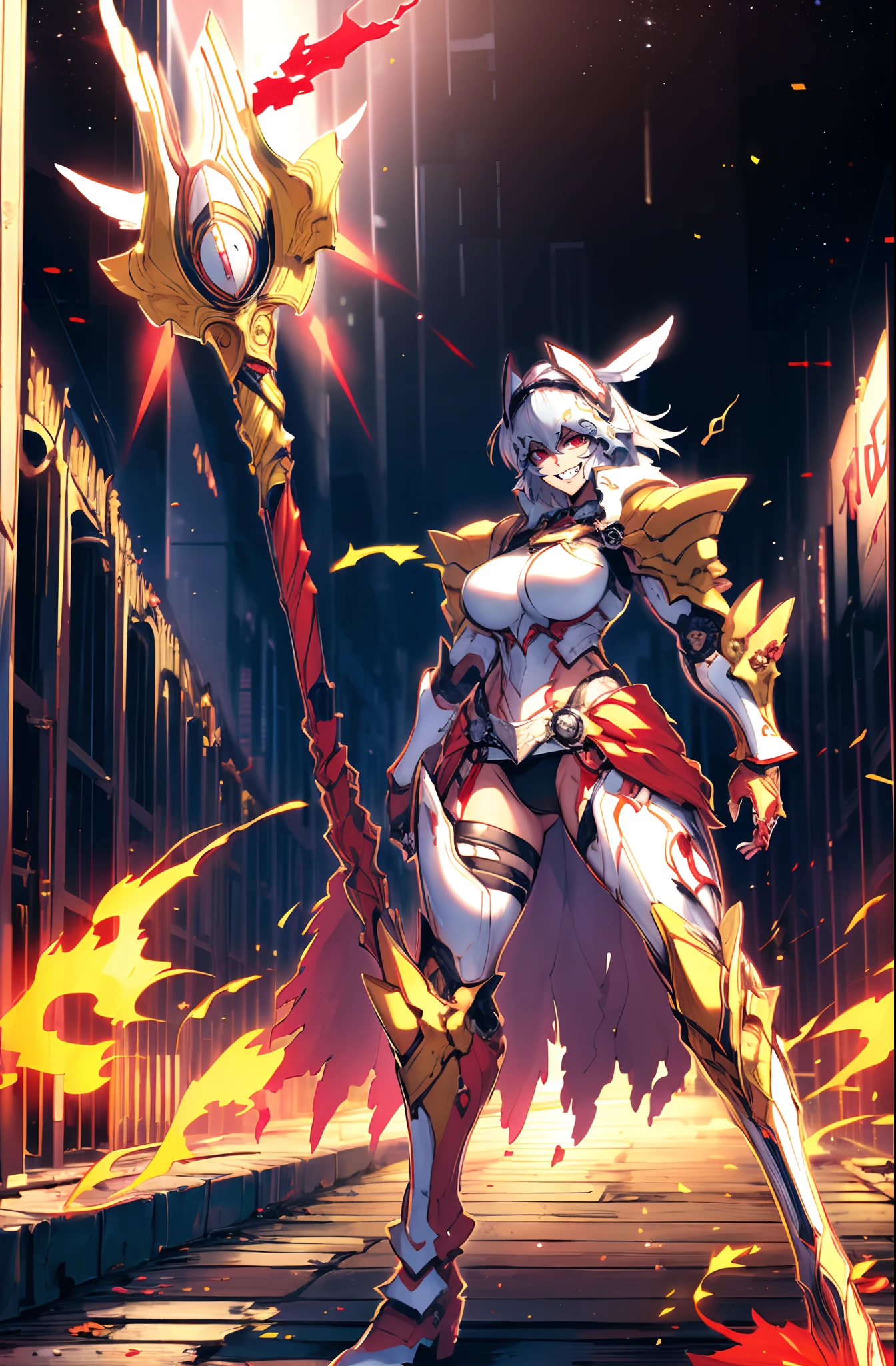 4k, highly detailed, anime style, HDR, subsurface scattering, in a temple, temple being destroyed, Greek temple on fire background, (masterpiece, best quality:1.2), caenis,( fgo stage 3), 1girl, big breasts, looking at fires, smile, short hair, white hair, bangs, red eyes, animal ears, open clothes, hairband, grin, (gold armor), body markings, white nails, epic scene, tall girl,full body, darskinned-female, , standing, musclegirl, forest, staff holding, posing, sharpteeth, crazy smile