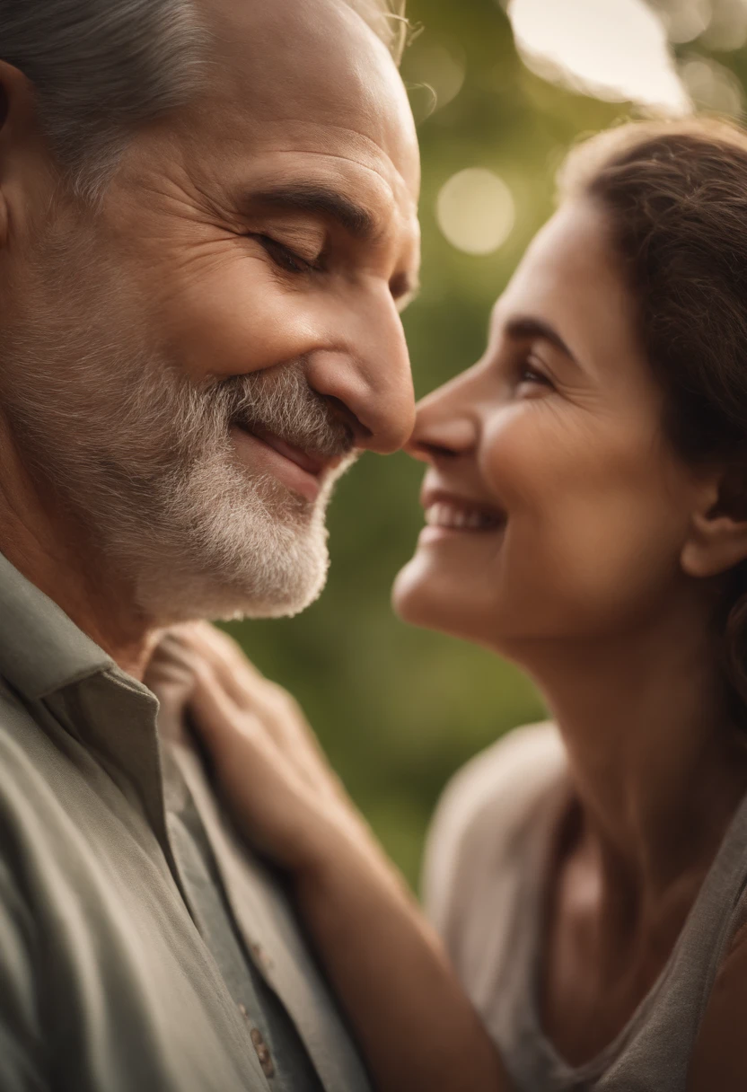 portrait of a father,loving father,detailed facial features,distinctive eyes and nose,graying hair,wise expression,gentle smile,responsible aura,proud father,embracing warmth,casual clothing,fatherly strength,lush greenery in the background,warm natural lighting,highres quality,ultra-detailed,realistic style,subtle color palette,soft warm tones,endearing bond,cherished memories,weathered hands,smile lines,loving gaze,paternal love,protective presence,graceful aging,wise eyes and kind heart,happy and content,pride and joy,treasured moments