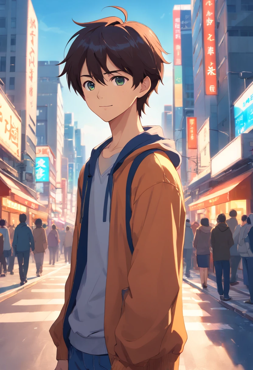 A boy, transformed into an anime style, with exaggerated unique facial features and clothing, standing on a bustling city street, backlit background highlighting the subject, high-contrast colors, 4K high-definition quality,young, smiling, handsome, naked