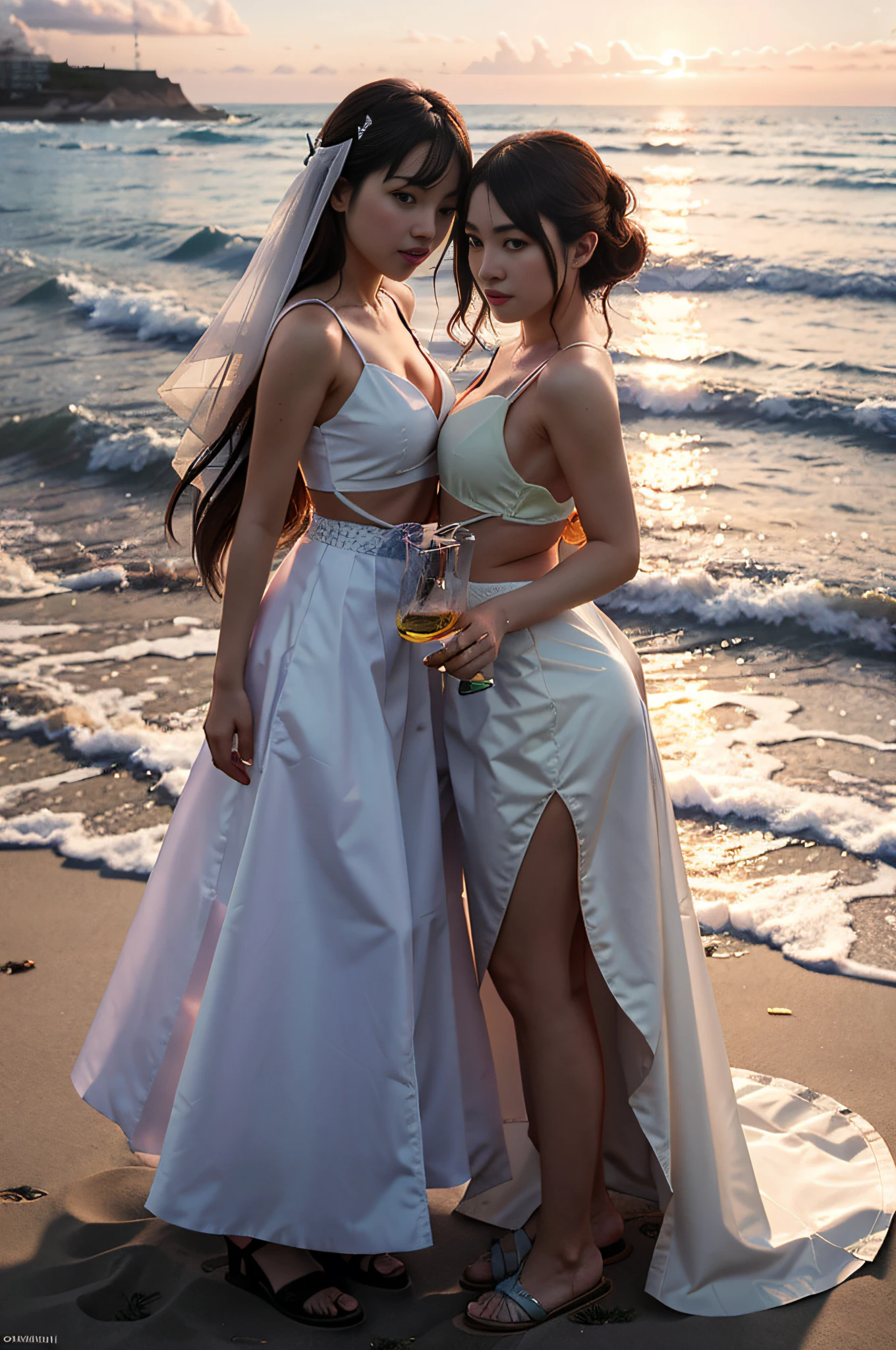 Las novias posan para una pintura de una escena de playa al atardecer, Wlop y Sakimichan, Obras de arte al estilo de Guweiz, Sakimichan y Makoto Shinkai, 🌺 CGSociety, Guweiz y Makoto Shinkai, Dos hermosas chicas de anime, Makoto Shinkai y Artgerm, & Jeehyung Lee & WLOP