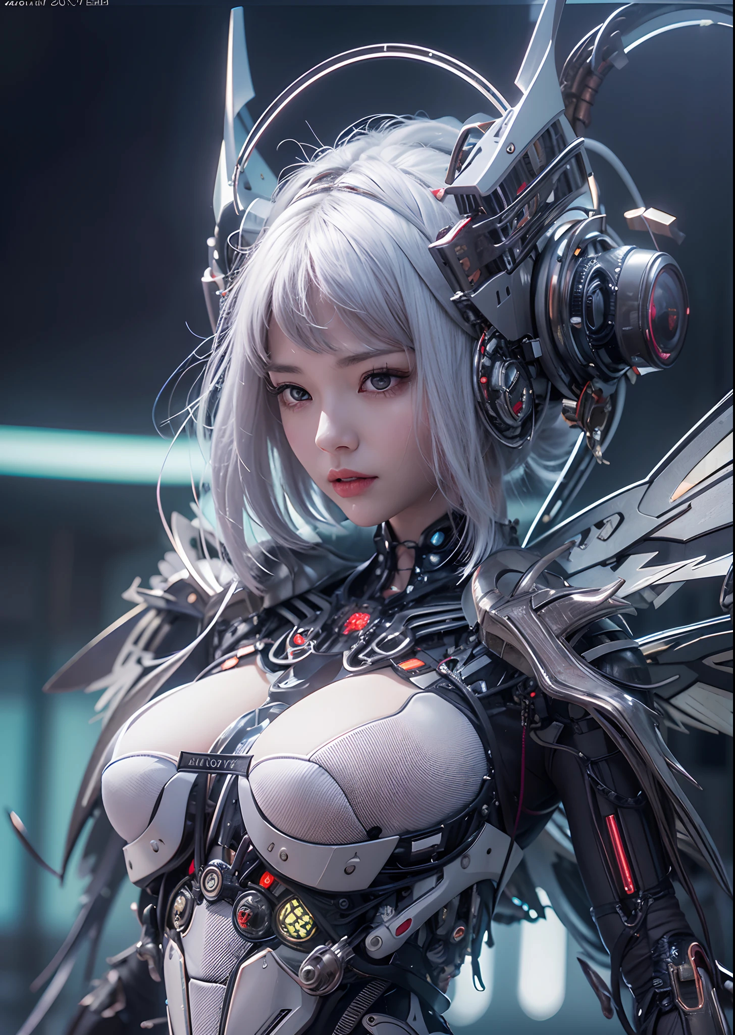 top-quality、​masterpiece、超A high resolution、(Photorealsitic:1.4)、Raw photo、Battle Cyborg Angel、large wings made of metal、White porcelain body、Acrylic Clear Cover、white  hair、glowy skin、1 Cyborg Girl、((super realistic details))、portlate、globalillumination、Shadow、octan render、8K、ultrasharp、character edge light,Colossal tits、Raw skin is exposed in cleavage、Details of complex ornaments、Giger Details、Hydraulic cylinder、Small LED lamp、highly intricate detail、Realistic light、a purple eye、radiant eyes、Facing the camera、neon details、cowboy  shot、Futuristic headgear、About Cyberpunk、、