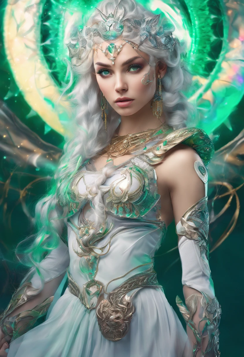 (metallic shiny silver white braided hair,glowing deep emerald eyes,warrior:1.1,high warlock,female), (detailed shoulders and face tattoo:detailed,high cheekbones),(strong expression),(angelic,ethereal:1.2),(best quality,4k,highres:1.1),(vivid colors),(sharp focus), (studio lighting)