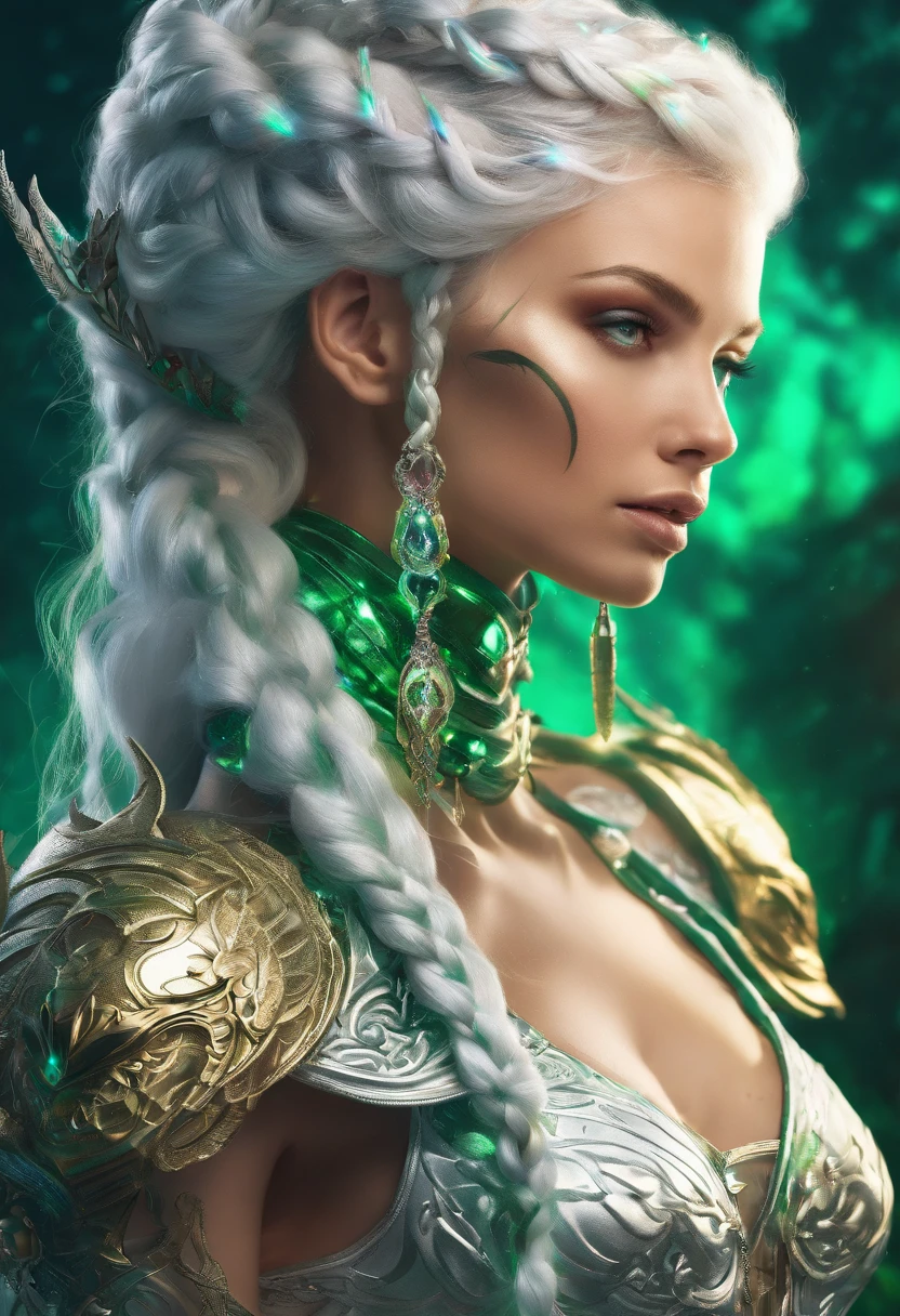 (metallic shiny silver white braided hair,glowing deep emerald eyes,warrior:1.1,high warlock,female), (detailed shoulders and face tattoo:detailed,high cheekbones),(strong expression),(angelic,ethereal:1.2),(best quality,4k,highres:1.1),(vivid colors),(sharp focus), (studio lighting)