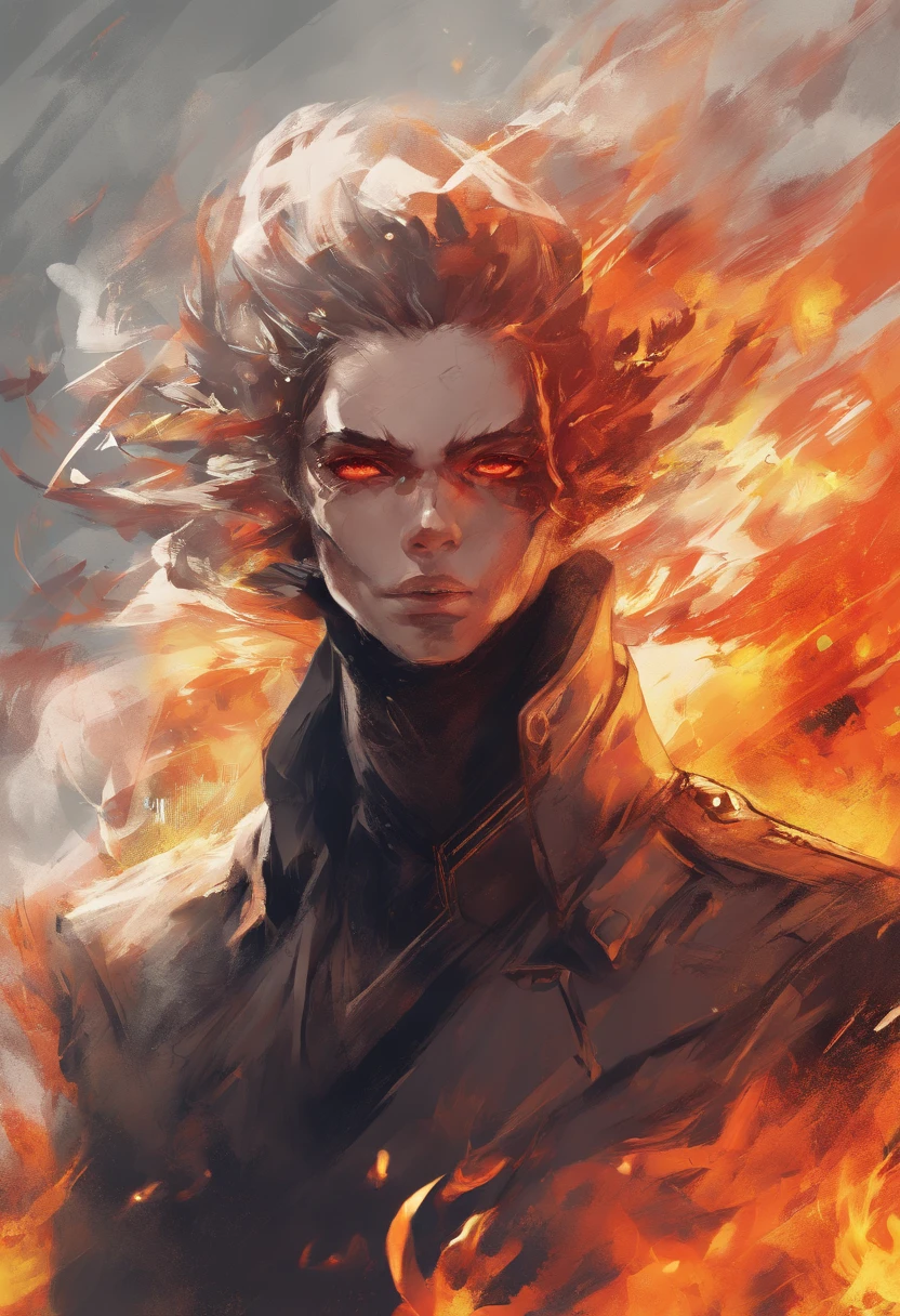 (best quality, highres, realistic:1.37), detailed eyes, intense gaze, burning notebook, writing, flames everywhere, strong focus, fiery background, sense of urgency, expressive facial features, vivid colors, dramatic lighting, contrast, mesmerizing scene