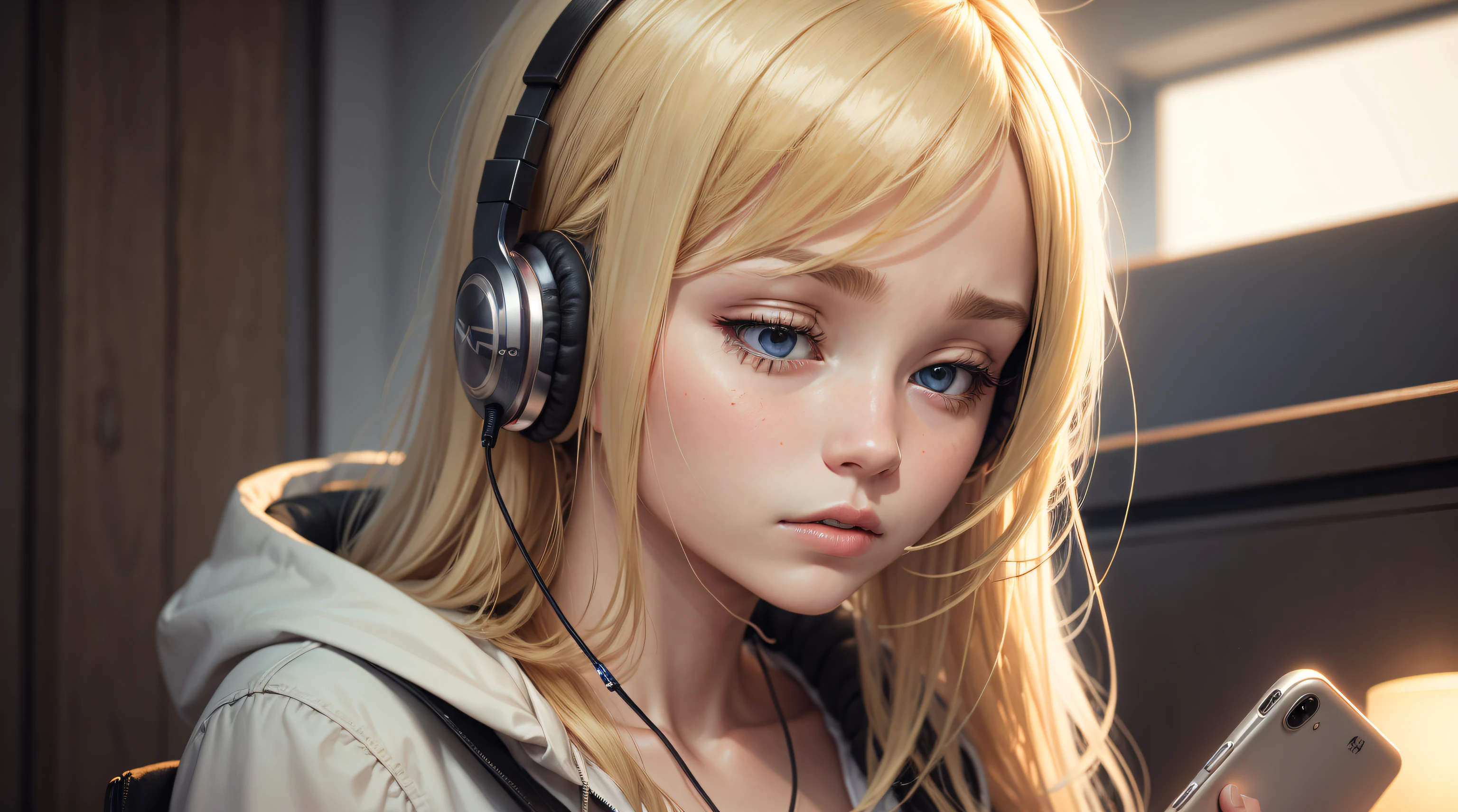Sad blonde girl listening to music on her phone wearing headphone