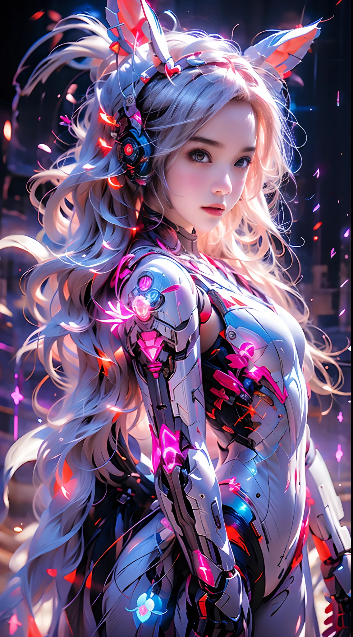 1 girl solo， Perfect_hand， （8K， RAW photos， best qualtiy， tmasterpiece：1.2）， （realisticlying， photograph realistic：1.4）， （Very detailed CG unity 8K wallpaper）， full bodyesbian， （neonlight）， Machop， Robotic arm， Hanfu， Chinese outfit， shift dresses，Bare chest，The chest is in the big point，Hair aperture，