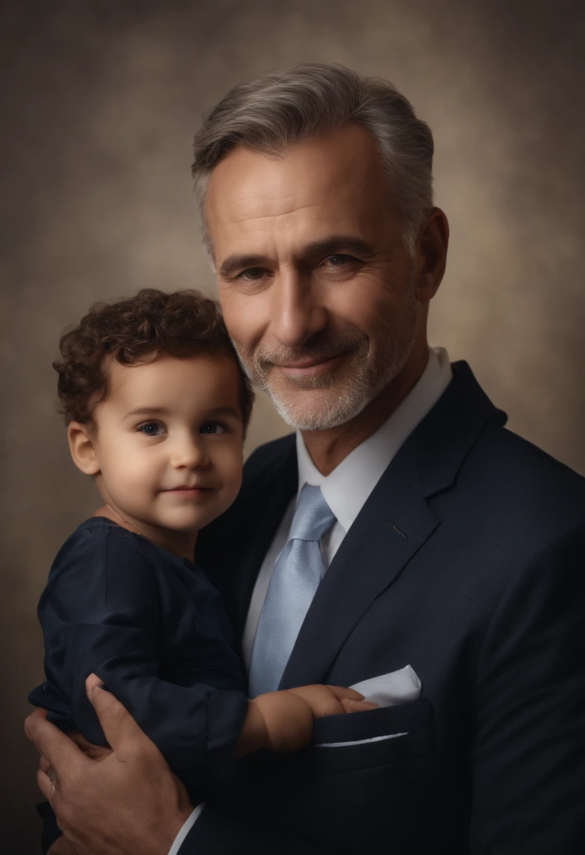 highres, realistic portrait of a father, detailed wrinkles on his face, piercing eyes, stubble, receding hairline, warm smile, proud expression, strong and confident, wearing a suit, standing against a neutral background, warm and soft lighting, capturing his essence and personality, timeless and classic, oil painting style, vibrant colors, capturing the love and bond between a father and child.