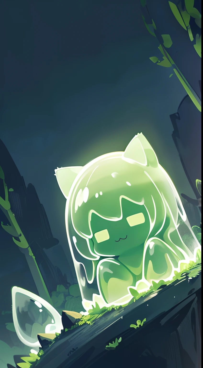 Cute simple slime alone in a dark forest at night, (1 solo slime), forest view, (at mid night, dynamic landscape angle, landscape focus:1.2) (small simple white translucent bioluminescent cute slime that is alone, slime has 2 cat ears, :3 expression, squished down pose),add_detail:1.3