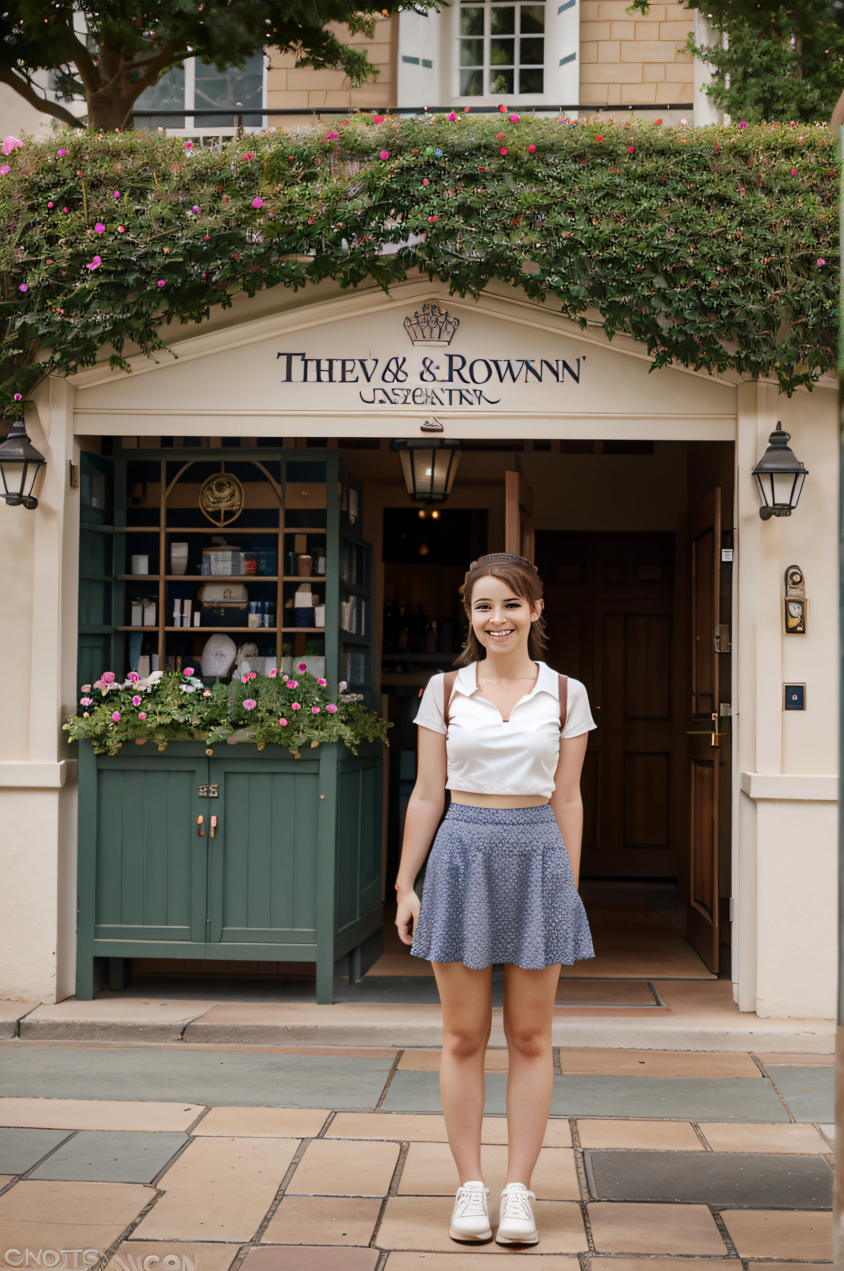 Cute. Cartoon. A mid-20’s female at the British pavilion at Epcot Disney Cast Member in a three quarter shot awaits guests. The rose & crown pub is behind her