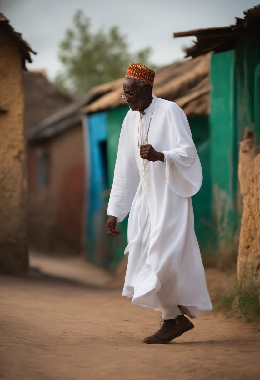 Wise old black man dressed in white, bel homme, Raconter une histoire dans un village pauvre