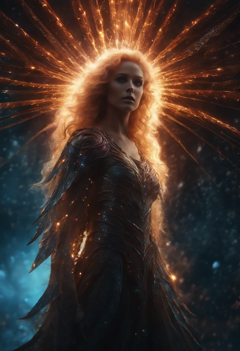 Cosmic Fallen Angel, glowing light eyes, Biomechanical, eerie, Creepy, nightmarish, floating hair,  Very bright colors, Light particles, with light glowing, Mshiff, wallpaper art, UHD wallpaper