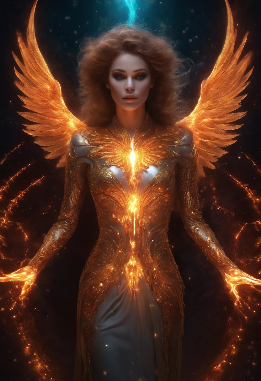 Cosmic Fallen Angel, glowing light eyes, Biomechanical, eerie, Creepy, nightmarish, floating hair,  Very bright colors, Light particles, with light glowing, Mshiff, wallpaper art, UHD wallpaper