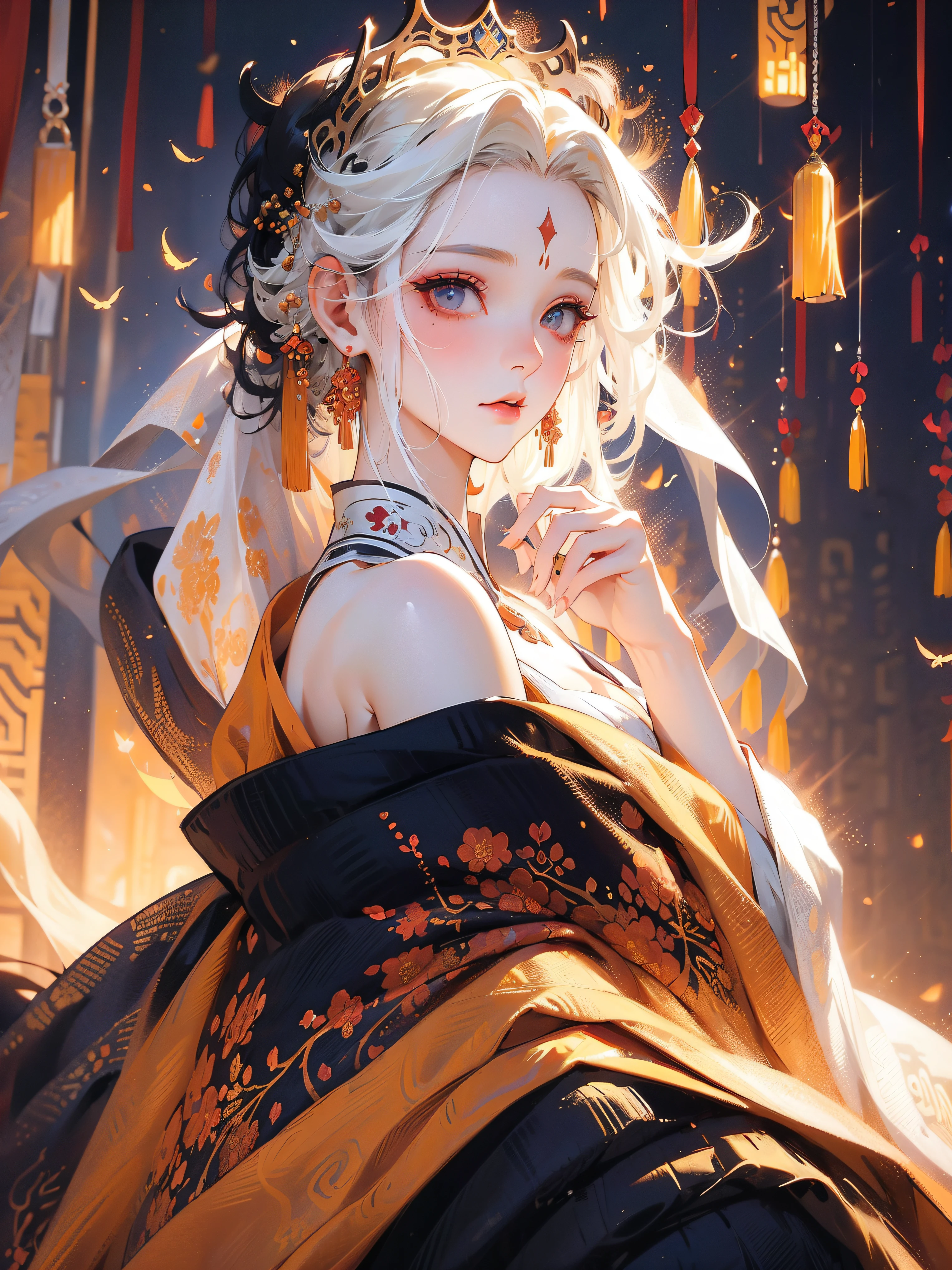 (masterpiece), best quality,top quality rich background, beautiful detailed hair ,detailed eyes,watery eyes,Lying silkworm eyebrows,glowing eyes,{short hair with natural waves|Shaggy cut|Long bold side bangs|Sleek pixie cut|High top knot|Voluminous updo|Undercut},detailed face, 1 lady, solo, cowboy shot, perfect feminine face, very stunning woman, tangdynasty,traditional hanfu,((off shoulders)),((white hair)),veil mask,red pupils,long eyelashes,blushing,mole under eyes,backlit,rim light,earrings