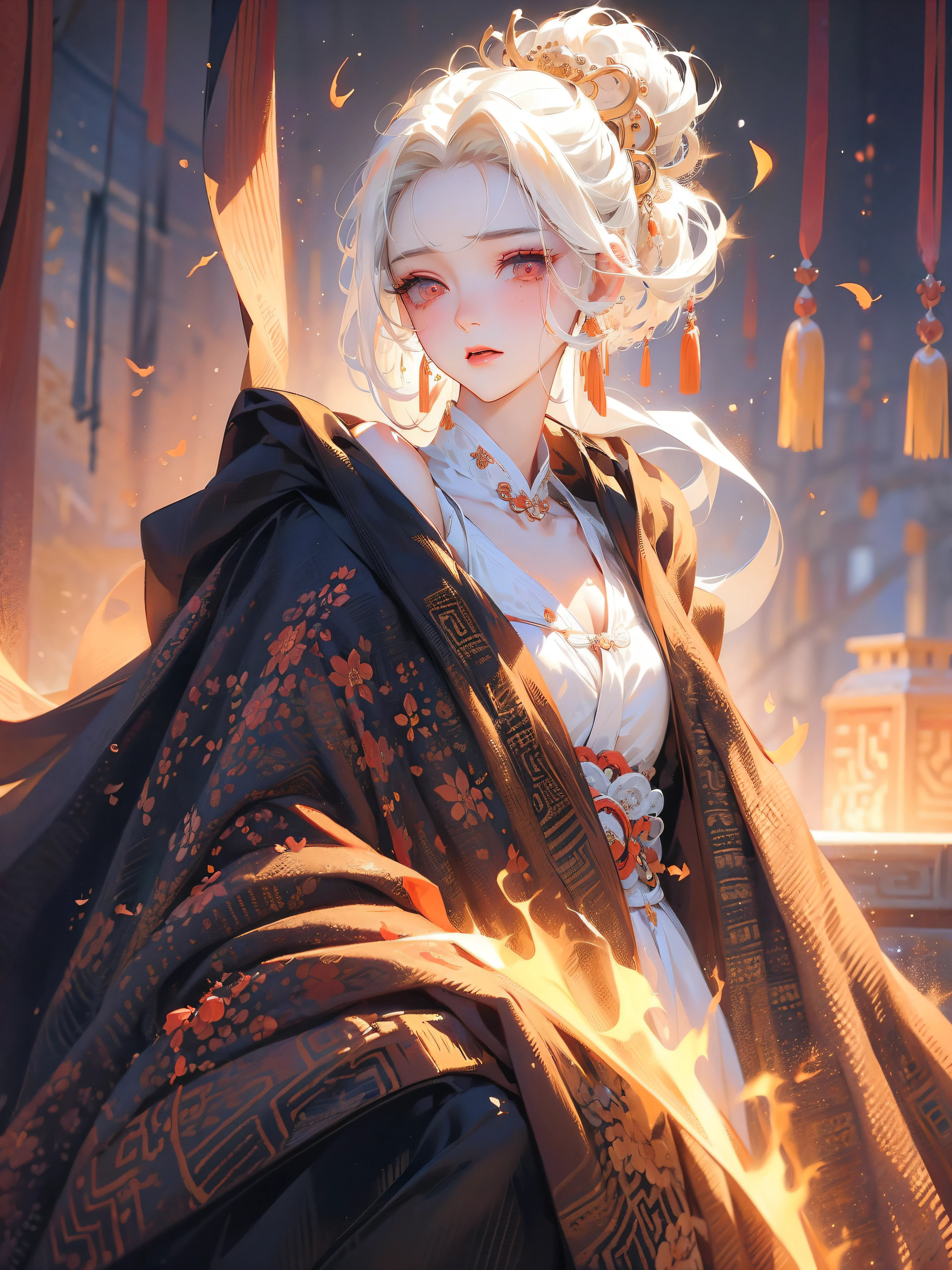 (masterpiece), best quality,top quality rich background, beautiful detailed hair ,detailed eyes,watery eyes,Lying silkworm eyebrows,glowing eyes,{short hair with natural waves|Shaggy cut|Long bold side bangs|Sleek pixie cut|High top knot|Voluminous updo|Undercut},detailed face, 1 lady, solo, cowboy shot, perfect feminine face, very stunning woman, tangdynasty,traditional hanfu,((off shoulders)),((white hair)),veil mask,red pupils,long eyelashes,blushing,mole under eyes,backlit,rim light,earrings