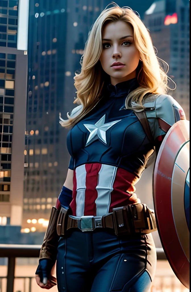 Masterpiece, 1girl, cowboy shot of a beautiful female as Marvel's Captain America, fine delicate features, American Dream, holding her circular shield, futuristic NYC background, Sci-Fi, blonde, super-heroine, heroic, perfectly proportioned, photograph, hyper realistic, masterpiece, 8K, large format camera, 110 mm lens, dynamic lighting, rim lighting
