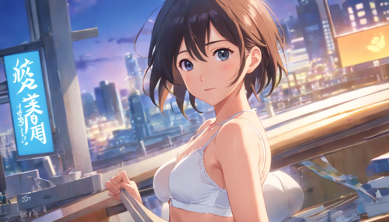(best quality, ultra-detailed, realistic:1.37), girl, sexy pose, spinning, smooth skin, white underwear, illustrations, vibrant colors, soft lighting, close-up, confident expression