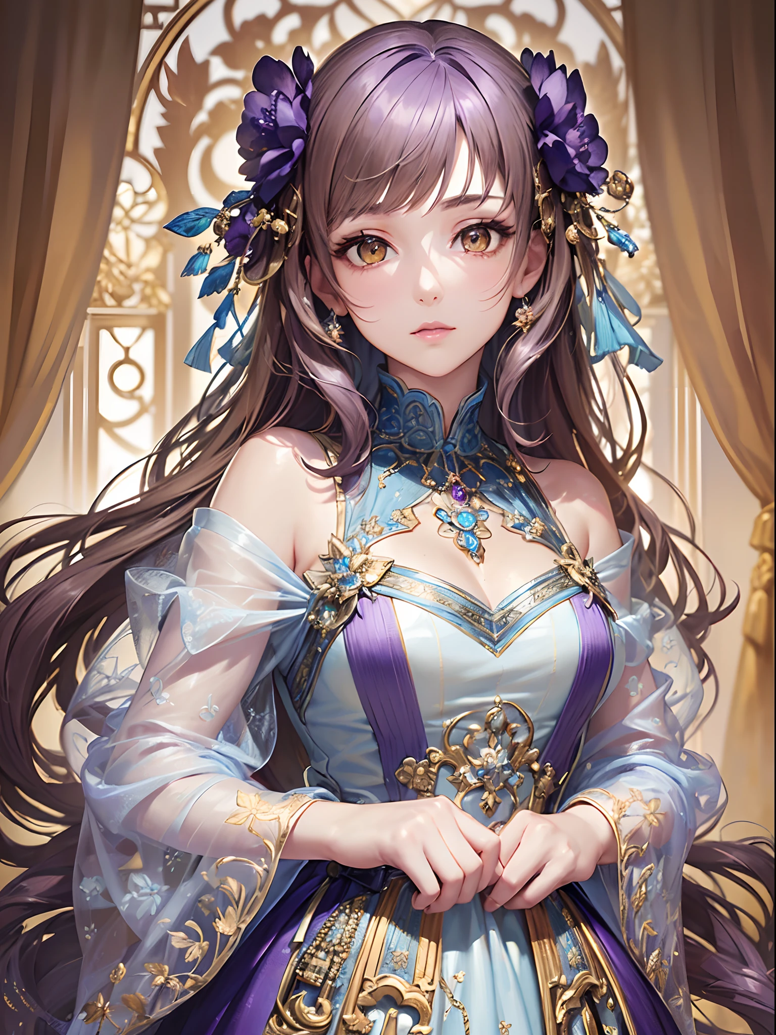 ((Finest quality)),(超A high resolution),(ultra-detailliert),((Best Anime)),sharpnes,Vivid:1.1,The art of astounding depiction,Fantasyart,Fantastic background, (1 adult female:1.5),Clean face,(Beautiful pale brown eyes with detailed and detailed:1.5),(Lustrous violet hair:1.5),(Beautiful light blue dress with dense and detailed details:1.3)Look in here:1.5,Detailed and beautiful embroidery,Luxurious ornaments