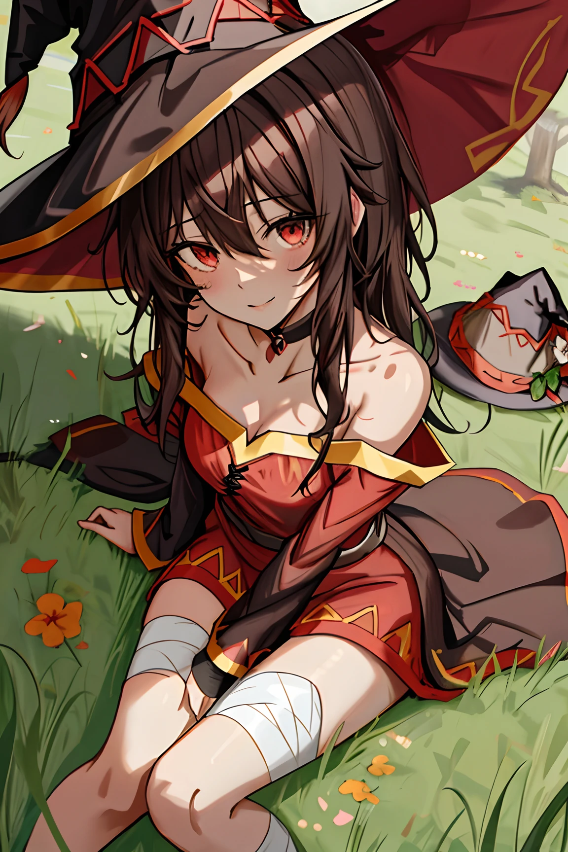 megumin, kono subarashii sekai ni shukufuku wo!, 1girl, solo, standing, looking at viewer, hat, witch hat, brown hair, short hair with long locks, red eyes,choker,off-shoulder,red dress,In a field, lying on the grass, close up, portrait,Legs bandaged, lying down,View from above,Arms and legs lying on the ground