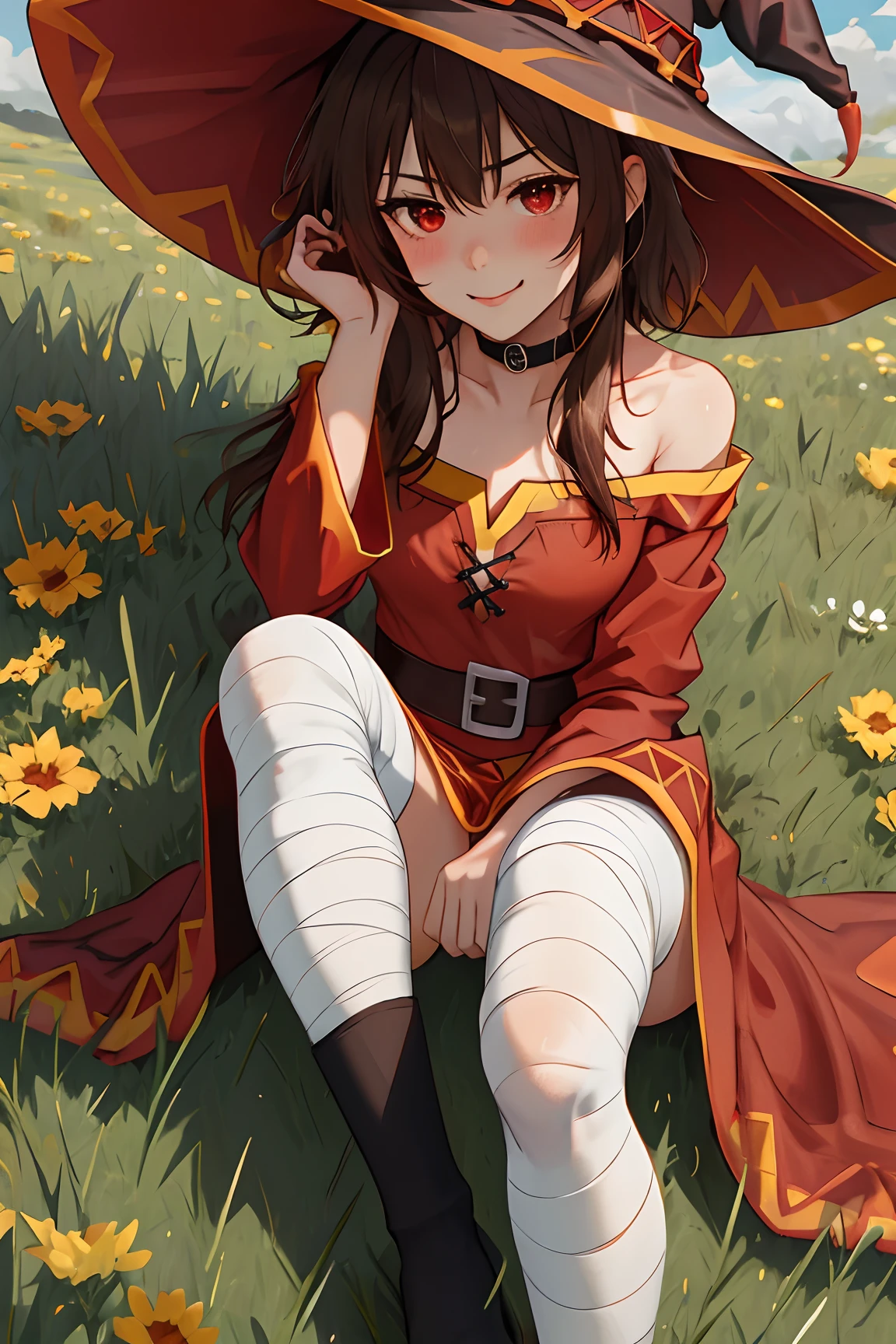 megumin, kono subarashii sekai ni shukufuku wo!, 1girl, solo, standing, looking at viewer, hat, witch hat, brown hair, short hair with long locks, red eyes,choker,off-shoulder,red dress,In a field, lying on the grass, close up, portrait,Legs bandaged, lying down