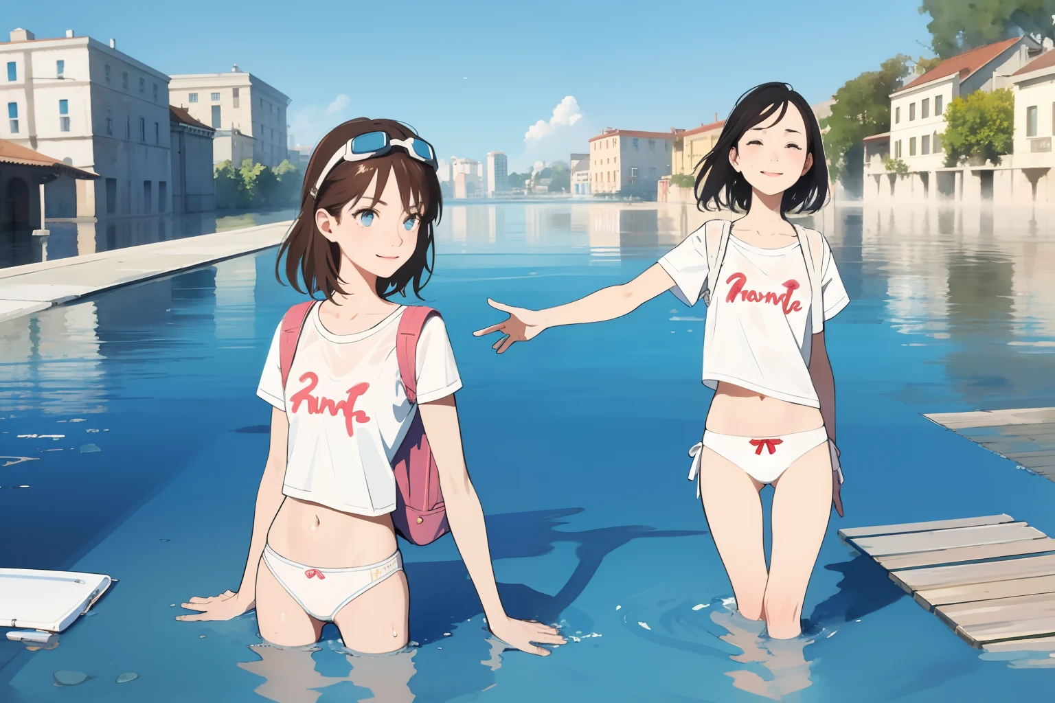 masterpiece, best quality, multiple girls, (closeup), 18yo teen, slim, small breast, smile, tired, wading in water, white t-shirt, white panties, goggles on head, (backpacks), blue sky, bright sunlight, (flood:1.2), street under water, city ruins, watercolor