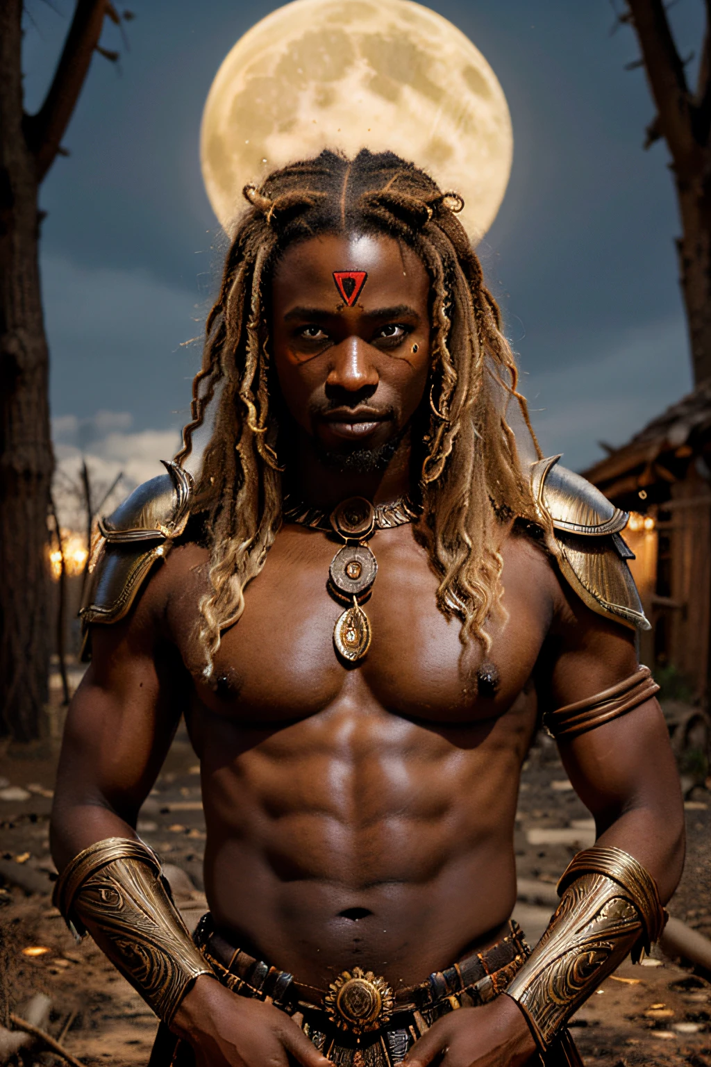 African demon of allucial beauty, African man with blond hair, curly hair, endowed with wings, he will come cut between good and evil, with blue eyes and armor made of wood bark and traditional African make-up on his face, behind him, the full moon in a night lit by a wood fire,