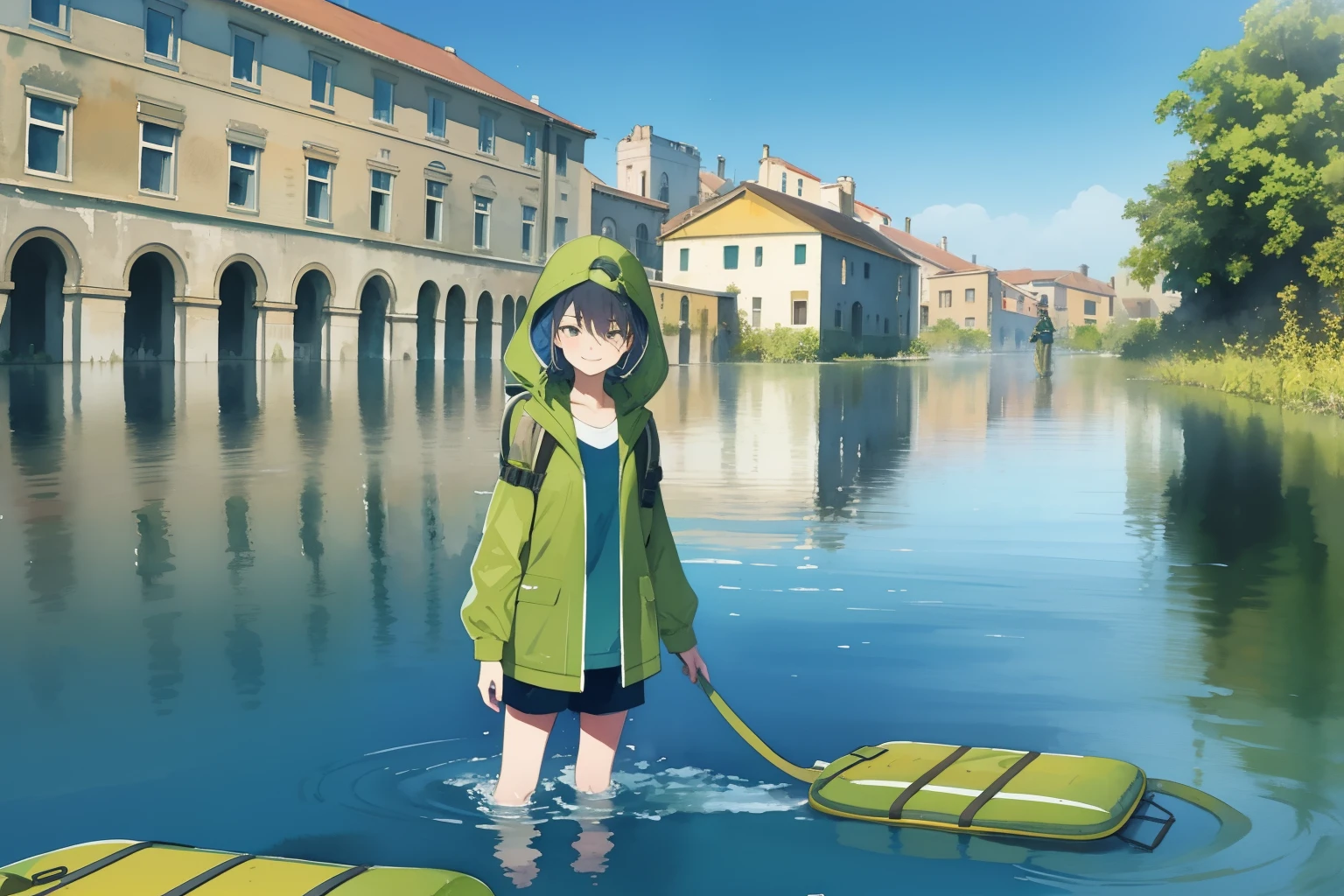 masterpiece, best quality, multiple girls, (closeup), 18yo teen, slim, small breast, smile, tired, wading in water, green raincoat, goggles on head, (backpacks), military pants, blue sky, bright sunlight, (flood), city ruins, watercolor