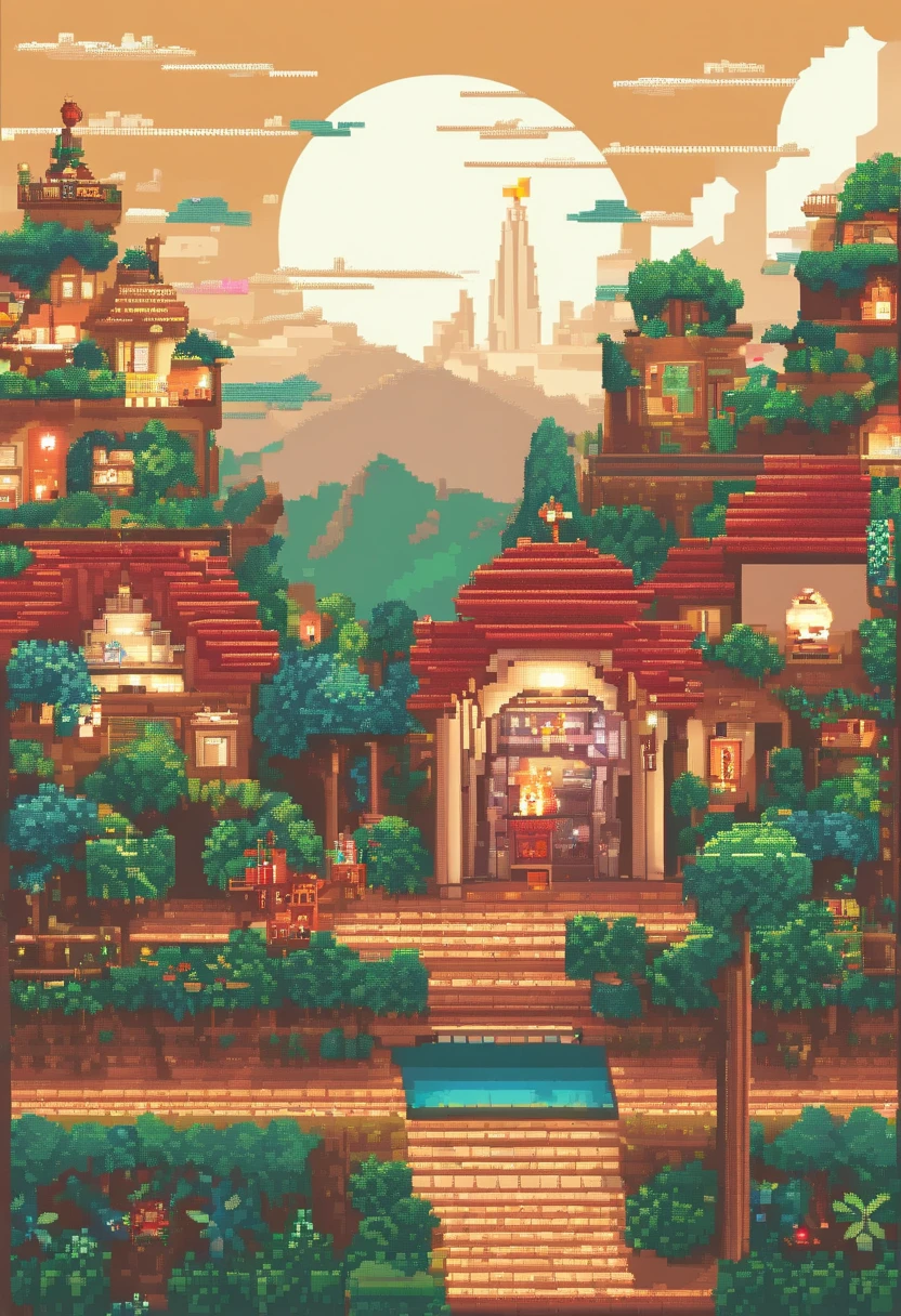 Pixel Art Tourist Destination Landscape. Noche. Fondo de pantalla 3D Pixel Art 4K. Incredible pixel art details. pixel-art. Olas de vapor. Pixel Art detallado de Unreal Engine . Mujer joven . Lolita gotica. Cabello negro ondulado. De piel latina. Sentada de espaldas . Su vestido esta alzado mostrando sus encantos. Wink. Vision desde atras