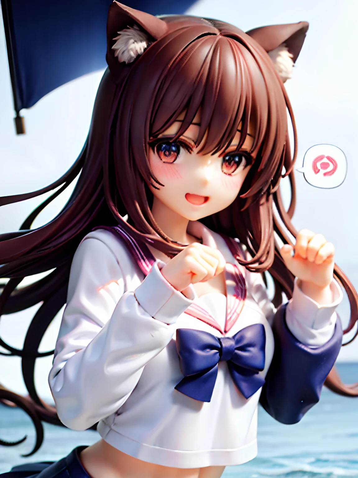 1girl, animal_ear_fluff, animal_ears, bangs, blue_bow, blush, bow, bowtie, brown_hair, cat_ears, hair_between_eyes, hair_bow, hands_up, long_hair, long_sleeves, open_mouth, paw_pose, red_bow, sailor_collar, school_uniform, serafuku, shirt, simple_background, smile, solo, spoken_squiggle, squiggle, upper_body, white_background, white_shirt, a girl floating  on ocean,looking at view