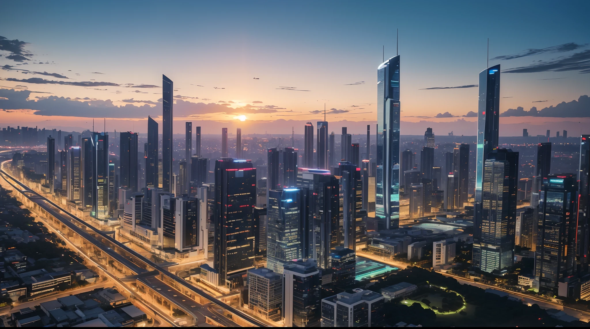 (Cidade futurista dourada),Chrome-plated buildings,beautiful sky,ruas ladeadas por palmeiras,carros pairando,neon lights,Bright skyscrapers,reflective surfaces,Advanced technology,trens de alta velocidade,Paisagem urbana brilhante,horizonte colorido,Artificial intelligence,criatividade desencadeada,Metropolis of the future,ethereal atmosphere,arquitetura inspiradora,energia vibrante,Fontes majestosas,seamless integration of nature and technology,panoramic views,design urbano inovador,Dynamic city life,Harmonious blend of tradition and innovation,Magical sunset over the city,Tons dourados quentes,passarelas iluminadas,Solar panels on all buildings,infraestrutura energeticamente eficiente,Smart City Solutions,timeless elegance,impressionante horizonte da cidade,mentalidade progressista,Advanced Transport Network,Eclectic mix of cultures,Hub cosmopolita,Forward-thinking society,Utopian dreams come true,possibilidades ilimitadas. (melhor qualidade,4k,8k,Altas,master part:1.2),ultra-detalhado,(Realistic,fotorrealista,photo-realistic:1.37),Futuristic neon lights,cores vibrantes,efeitos visuais impressionantes
