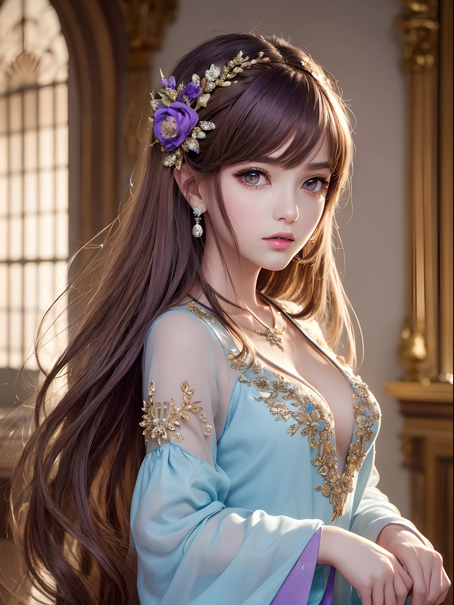 ((Finest quality)),(超A high resolution),(ultra-detailliert),((Best Anime)),sharpnes,Vivid:1.1,The art of astounding depiction,Fantasyart,Fantastic background, (1 adult female:1.5),Clean face,(Beautiful pale brown eyes with detailed and detailed:1.5),(Lustrous violet hair:1.5),(Beautiful light blue dress with dense and detailed details:1.3),Look in here:1.5,Detailed and beautiful embroidery,Luxurious ornaments