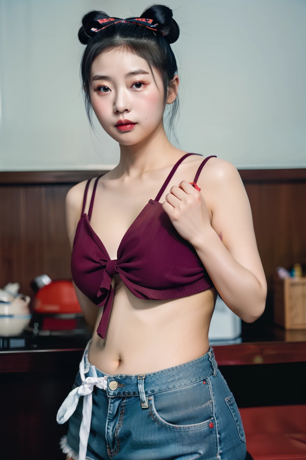 Asian girl, double h breast, two high buns with big bows, Jean shorts , red halter top,  holding an Asian baby,  depth of field, photo, film,, hd, masterpiece ,